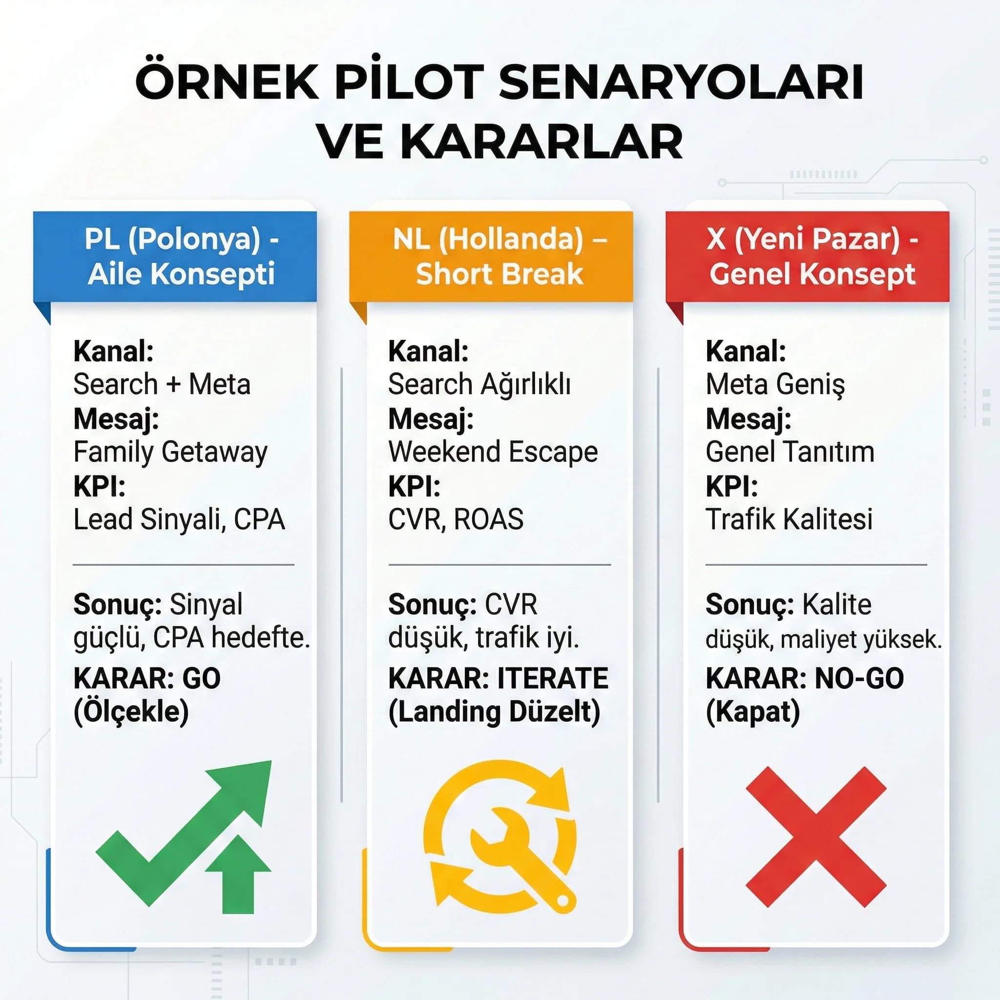 Üç örnek pilot kampanya senaryosunu go no go çerçevesiyle gösteren proof kartı