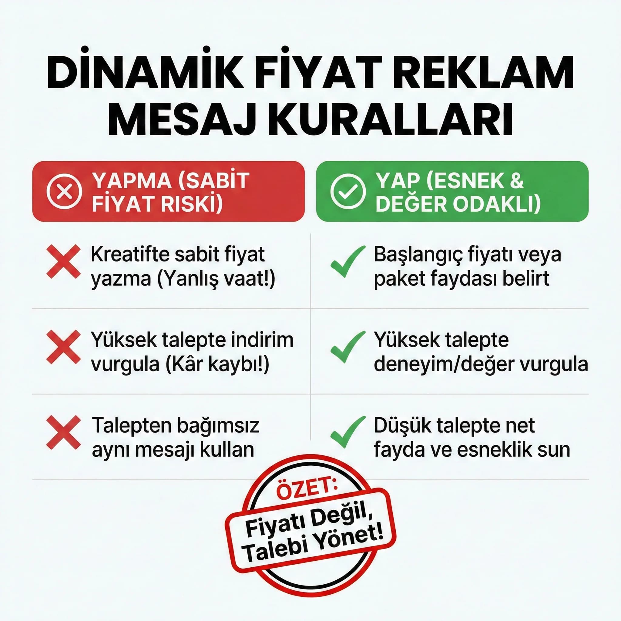 Yüksek ve düşük talep dönemleri için fiyat fayda mesaj kurallarını özetleyen kart