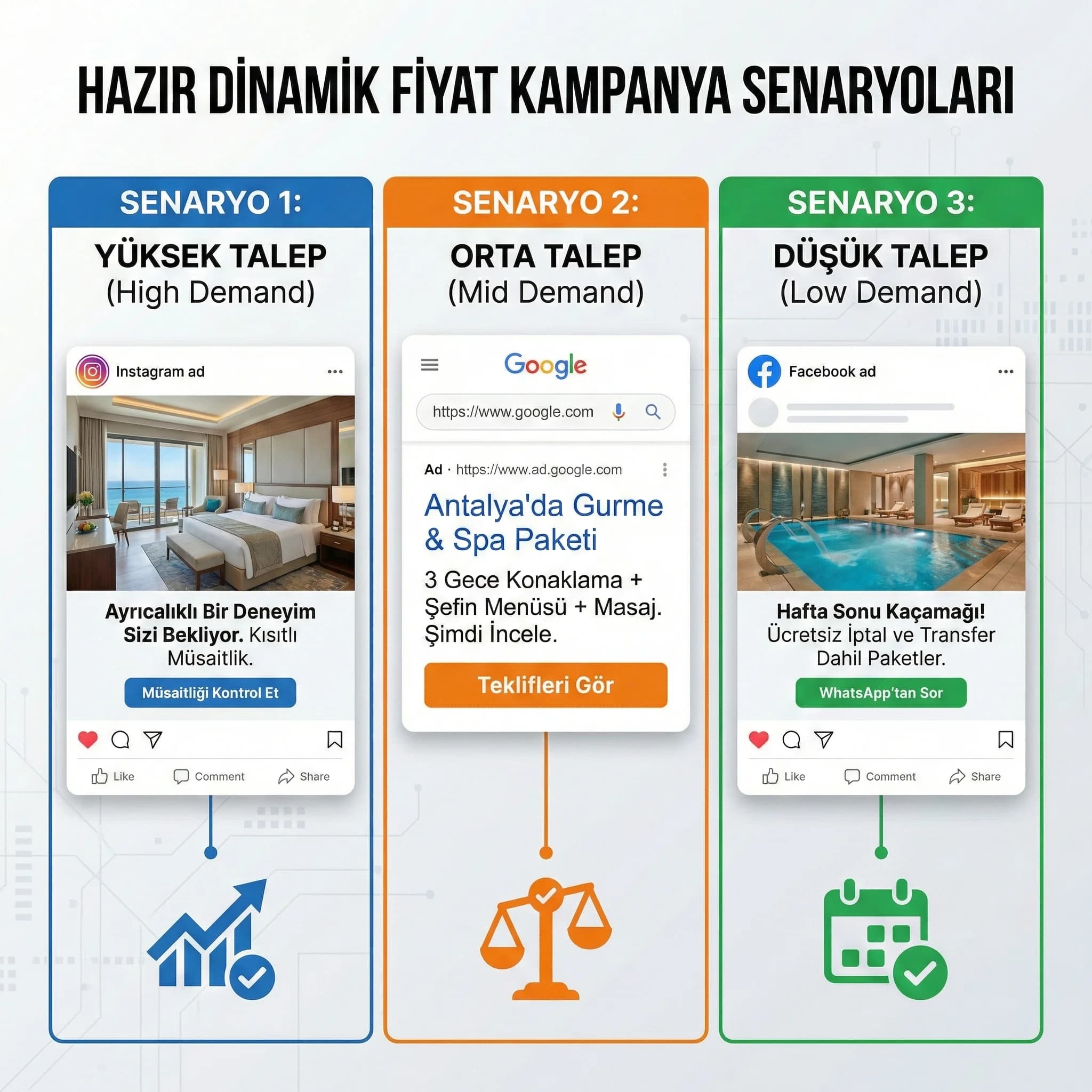 Yüksek orta düşük talep için üç kampanya senaryosunu gösteren proof kartı