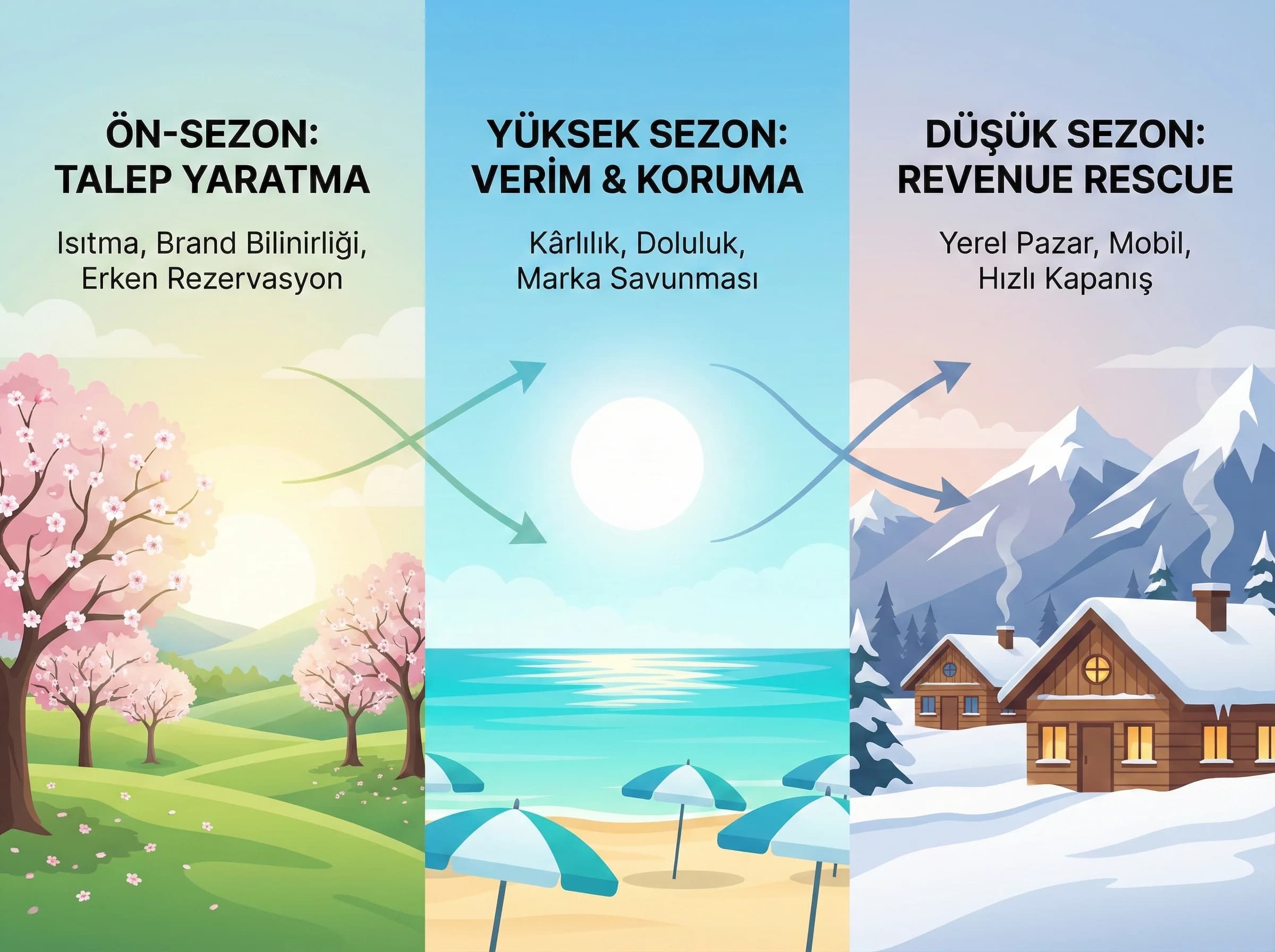 Sezonlara göre hedef ayrımını otel reklam planında vurgulayan görsel