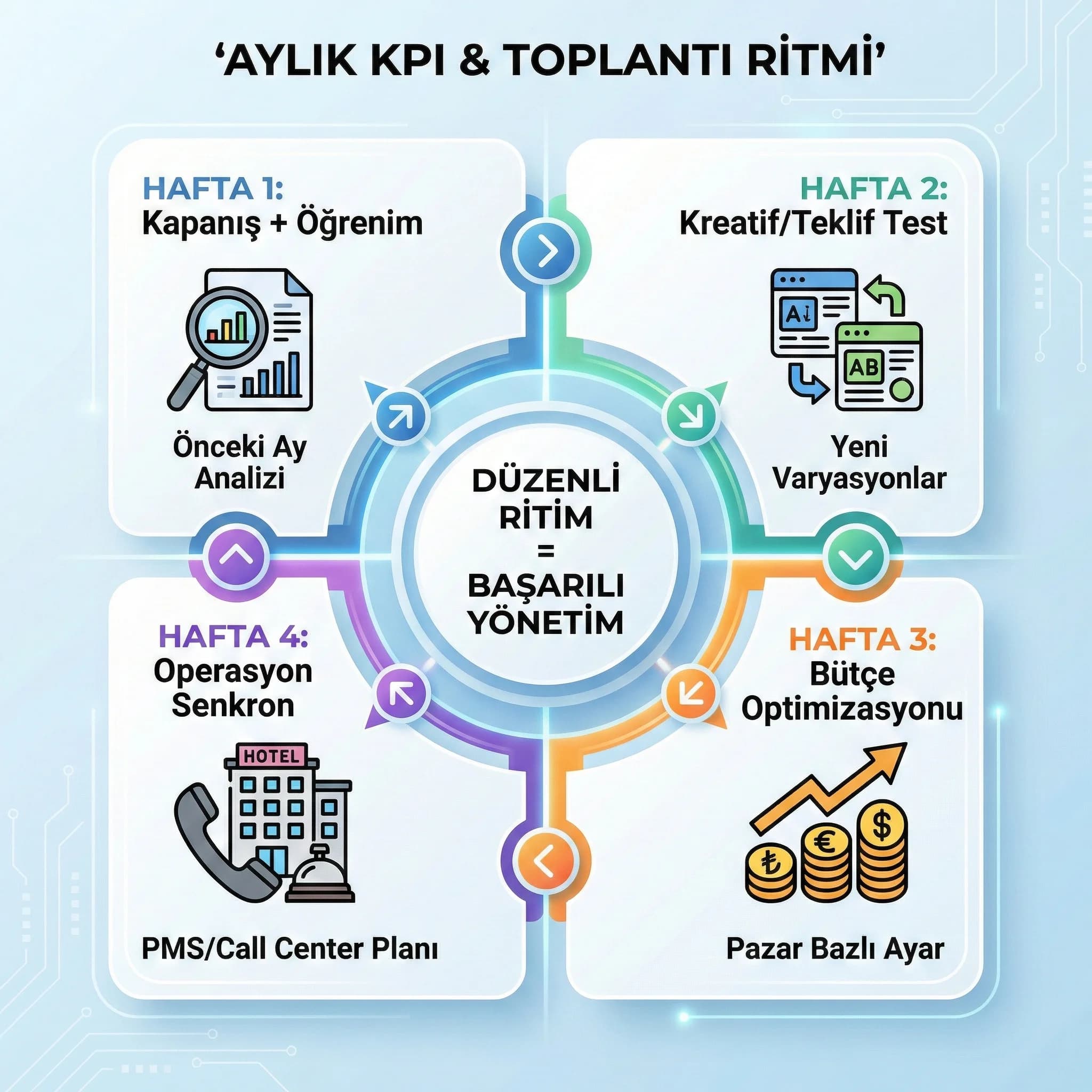 Aylık KPI ve toplantı ritmini otel reklam yönetimi için özetleyen kart