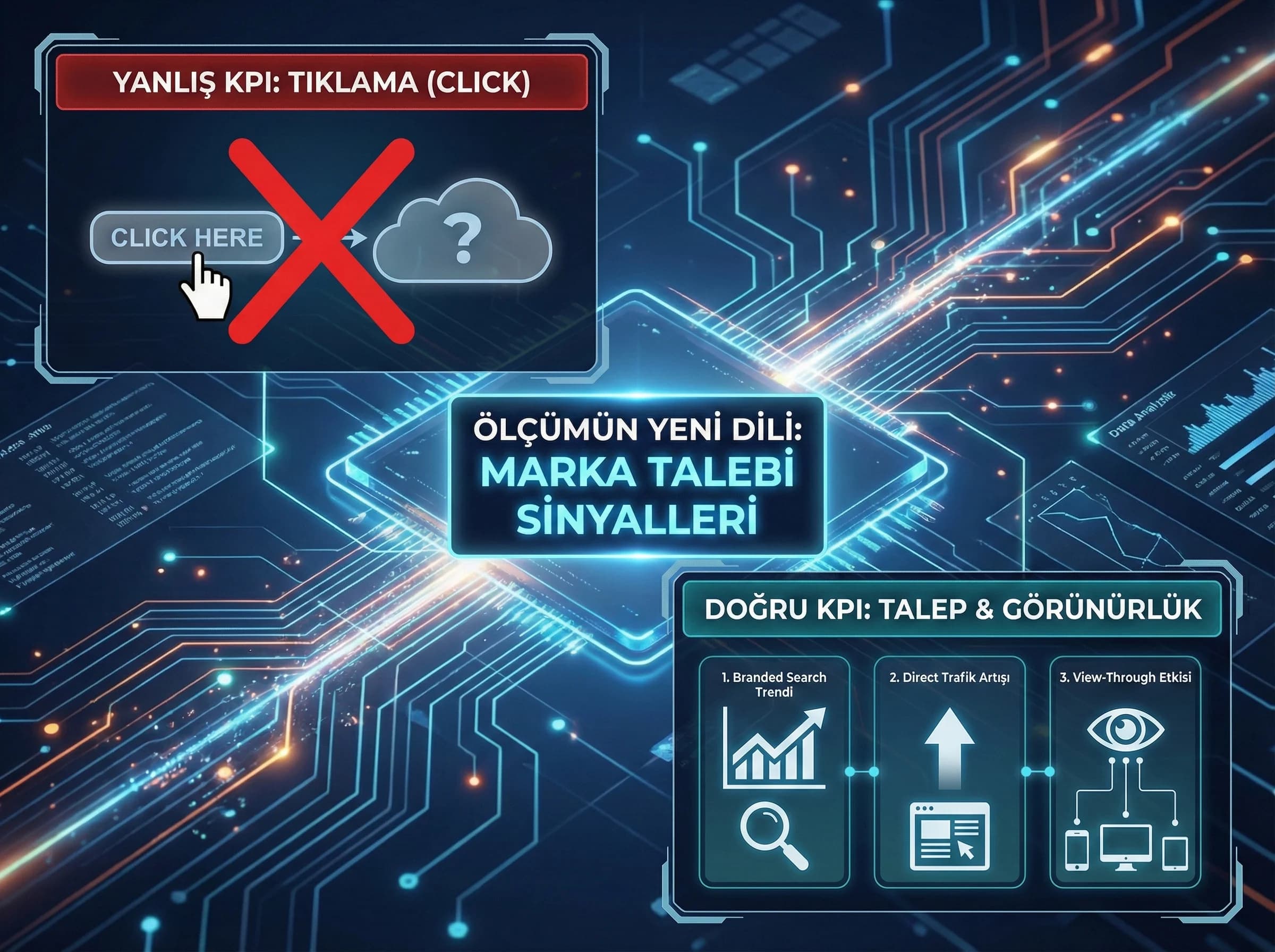 CTV ölçümünde tıklama yerine branded search ve direct trafik sinyallerini vurgulayan görsel