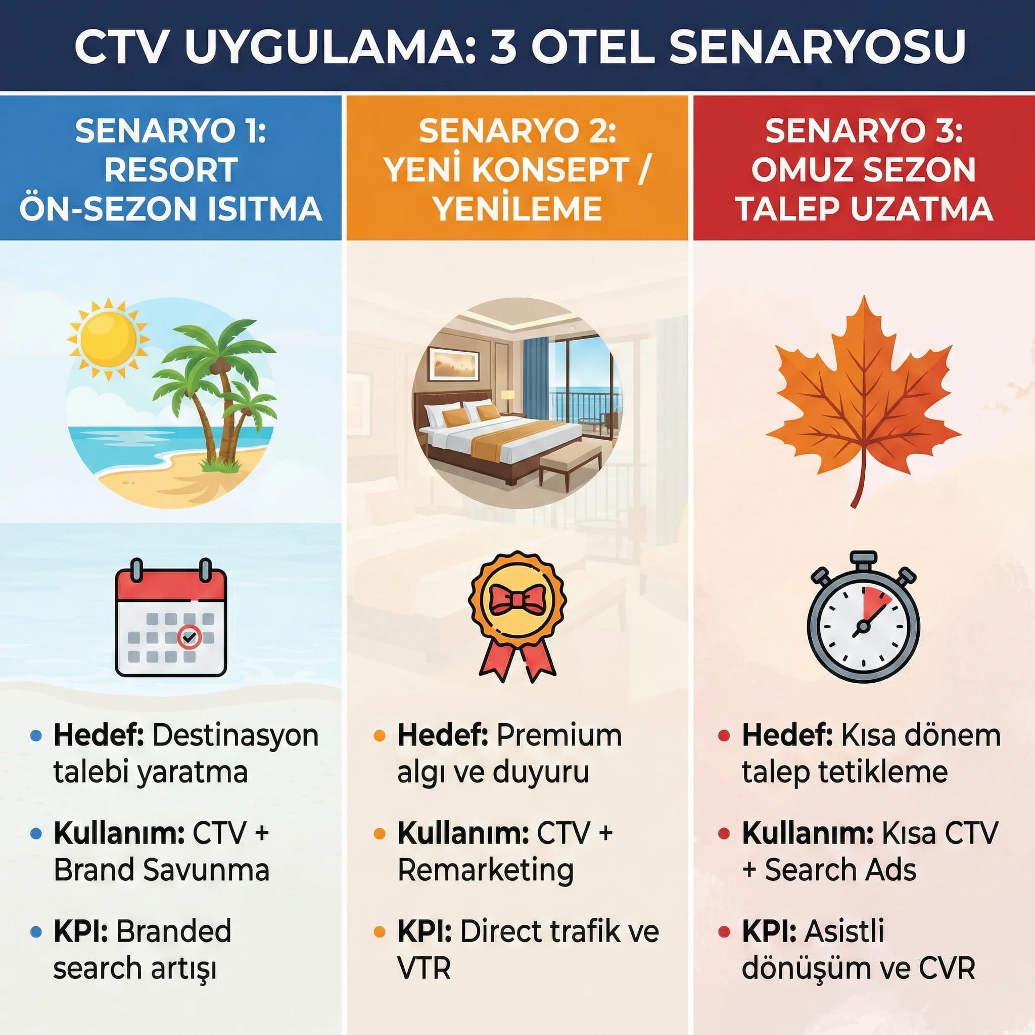 Oteller için üç CTV test senaryosunu gösteren uygulama kartı