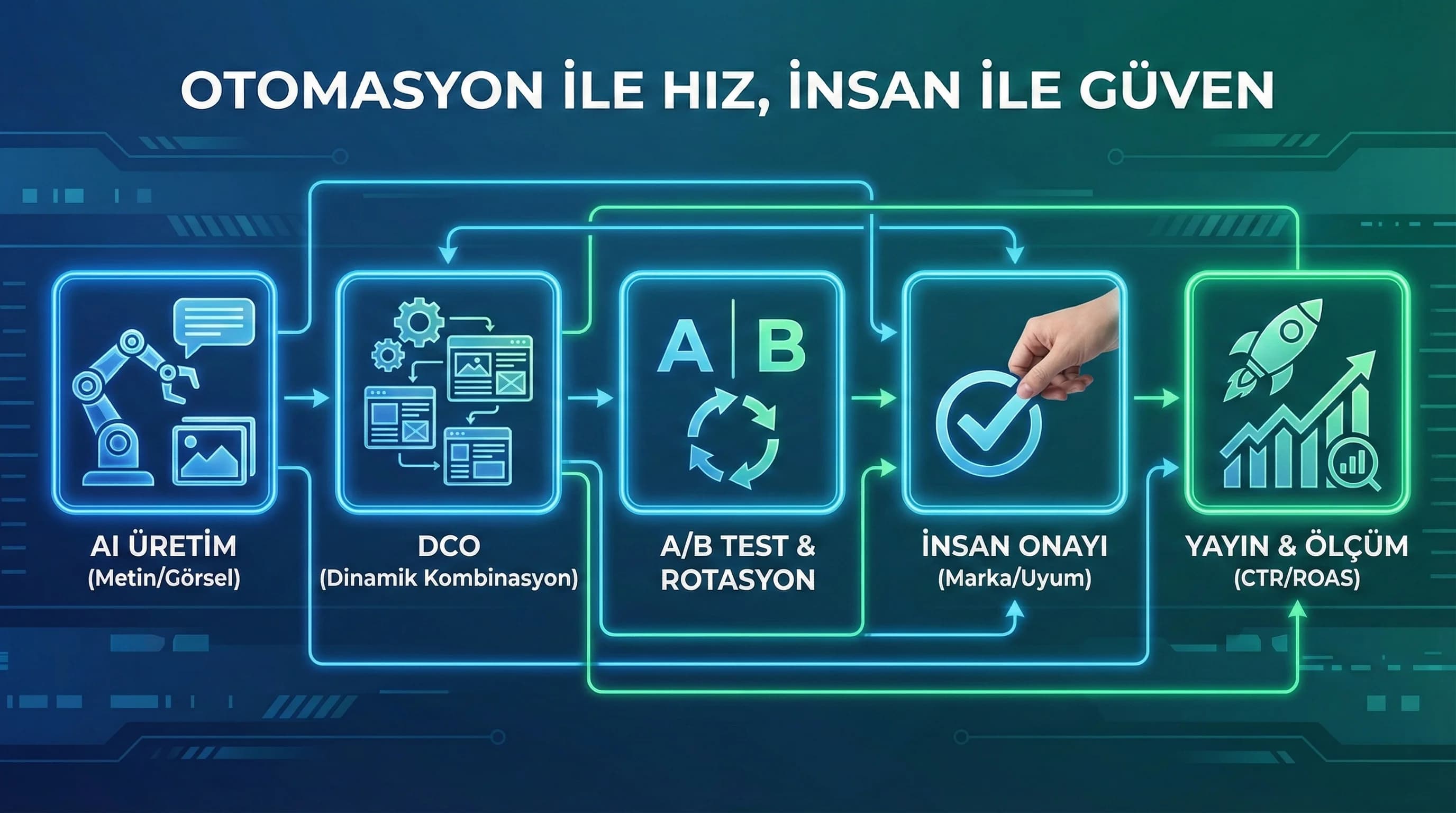 AI üretim DCO kombinasyon ve insan onay akışını otel reklamında gösteren görsel