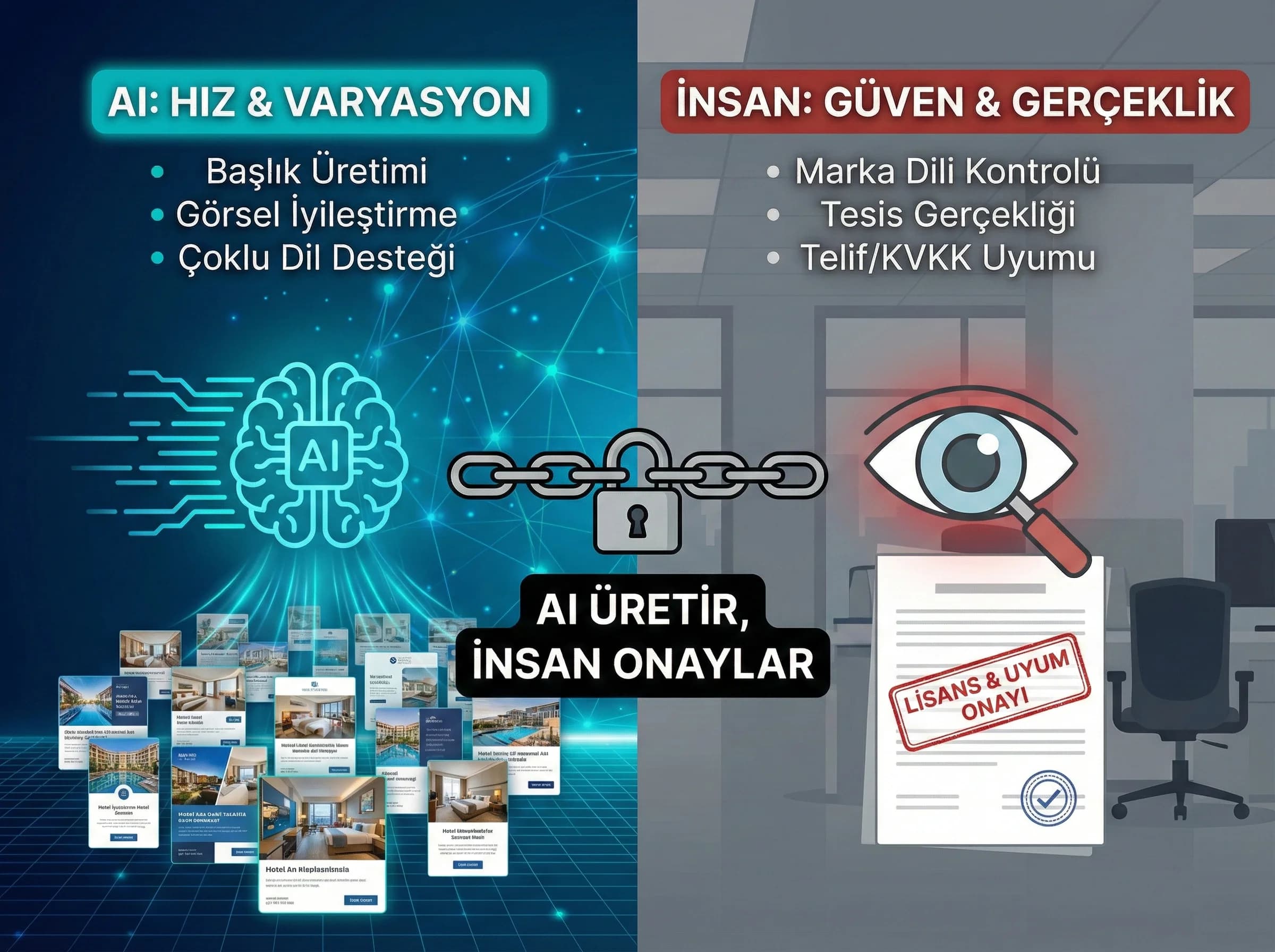 AI üretim hızını ve otel marka güveni kontrolünü ayıran bölüm görseli