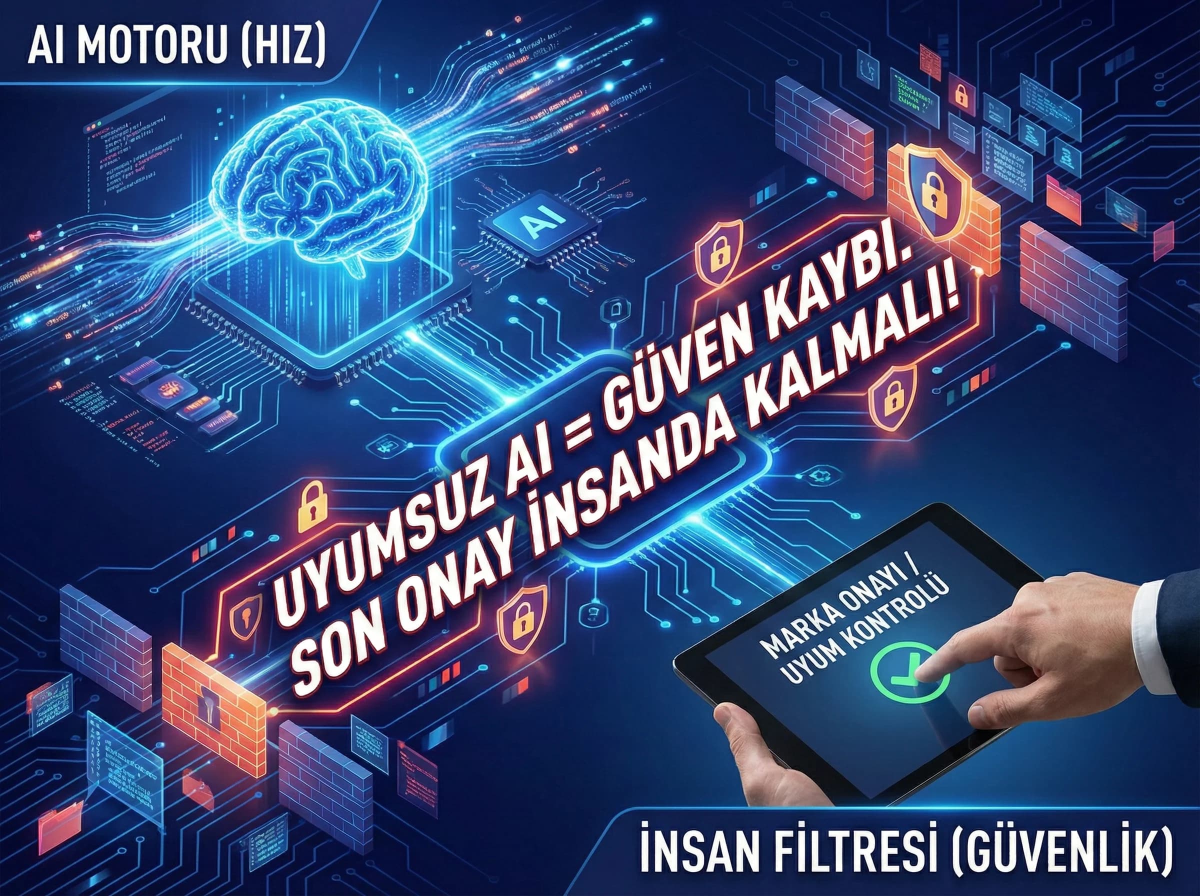 Marka dili KVKK ve telif uyumu için insan onay mekanizmasını vurgulayan görsel