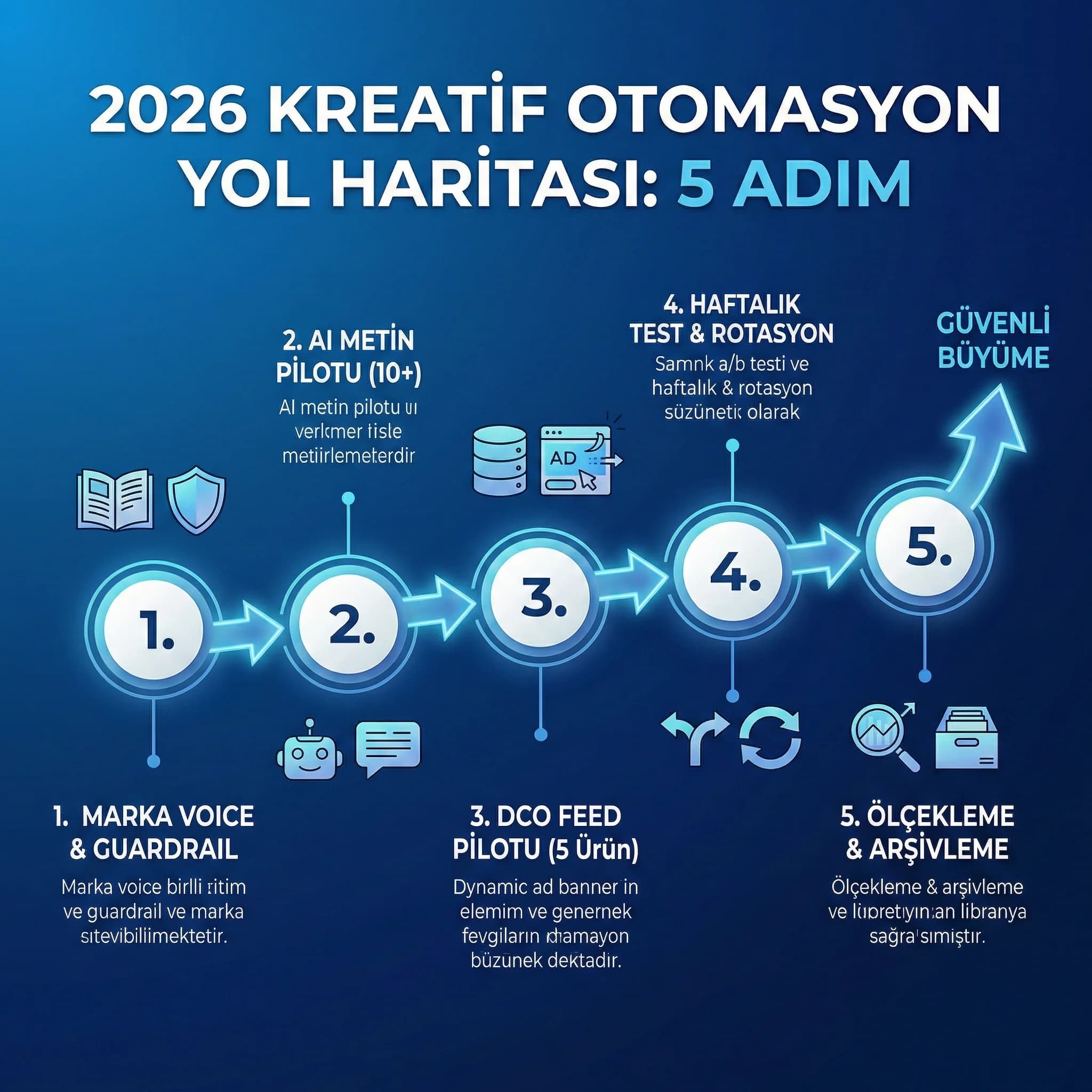 AI kreatif otomasyon yol haritası ve 5 adım planını gösteren kart