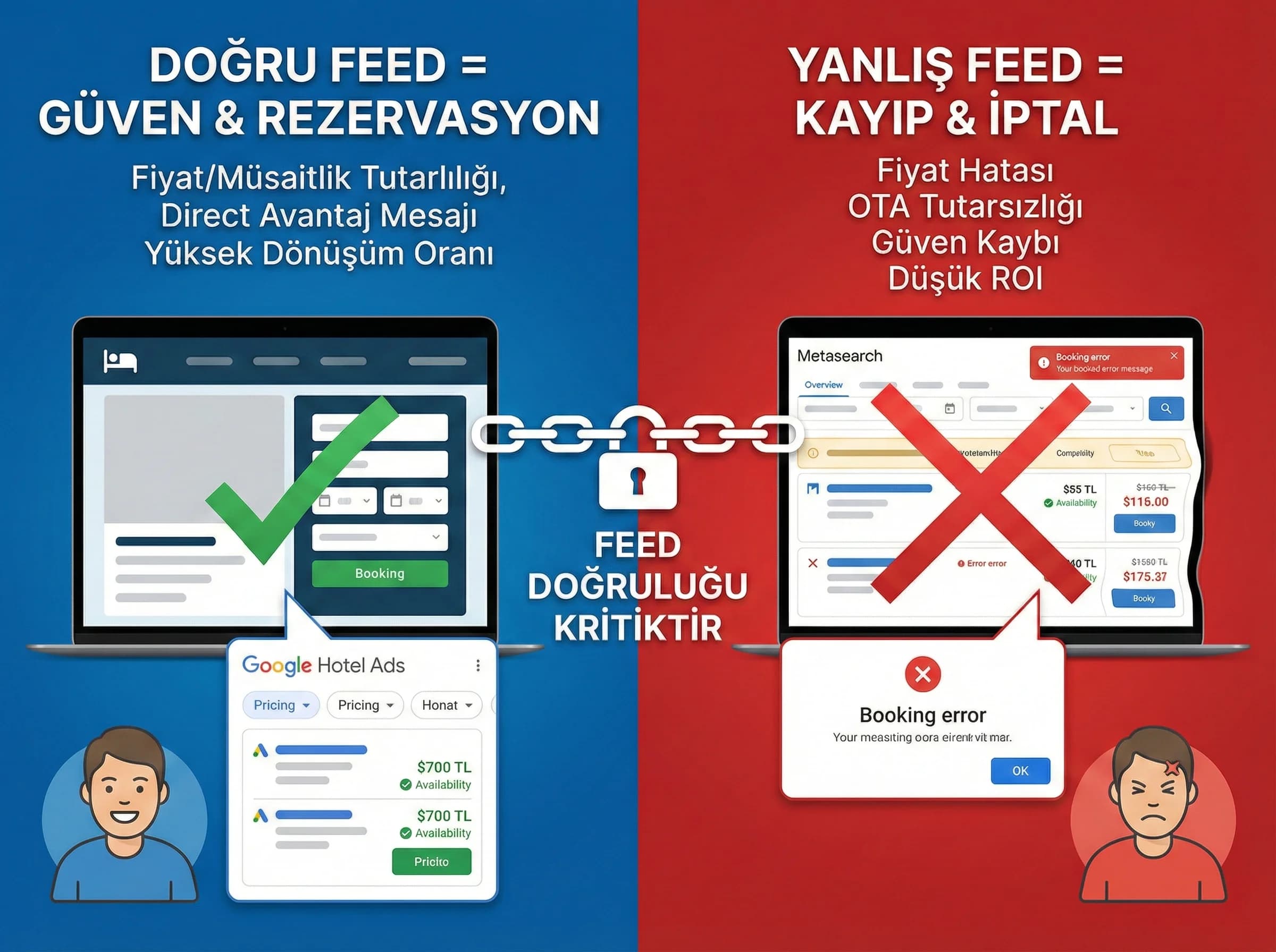 Metasearch’te fiyat ve müsaitlik feed doğruluğunu vurgulayan bölüm görseli