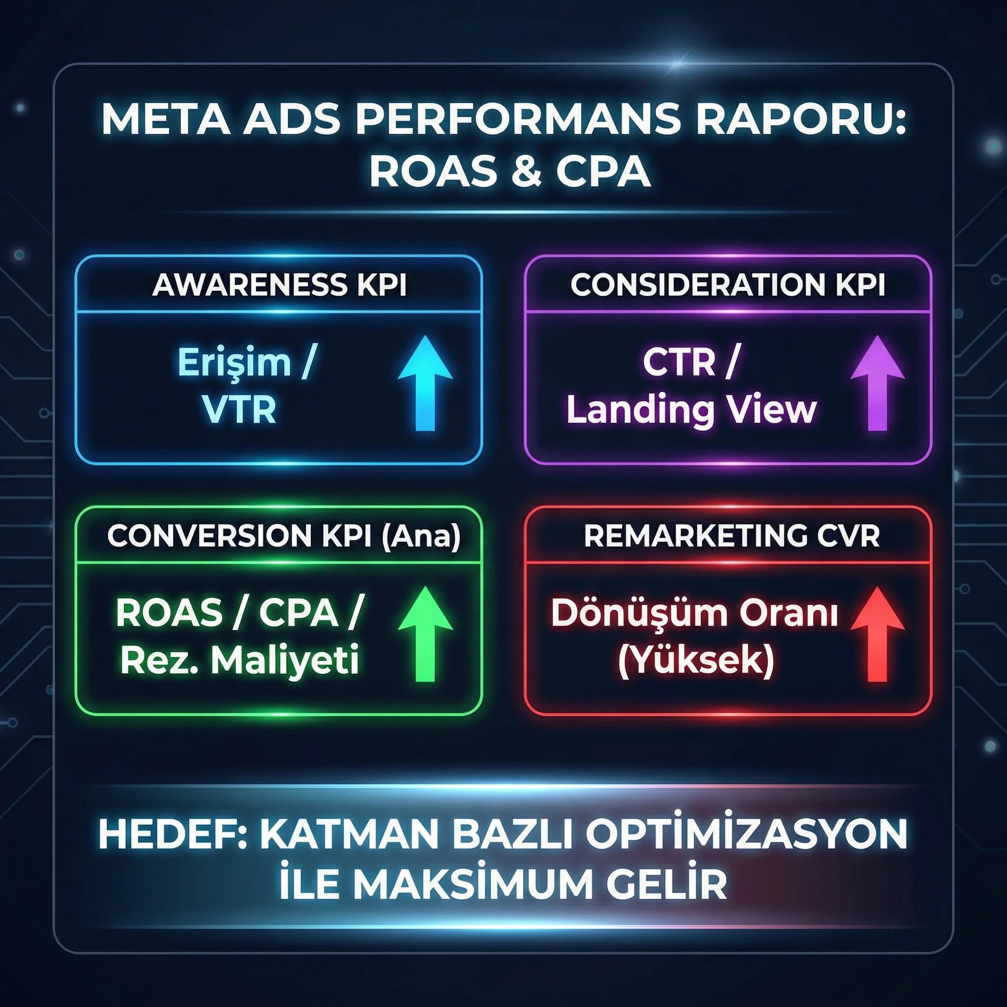 Meta Ads performansını ROAS CPA ile özetleyen otel skor kartı
