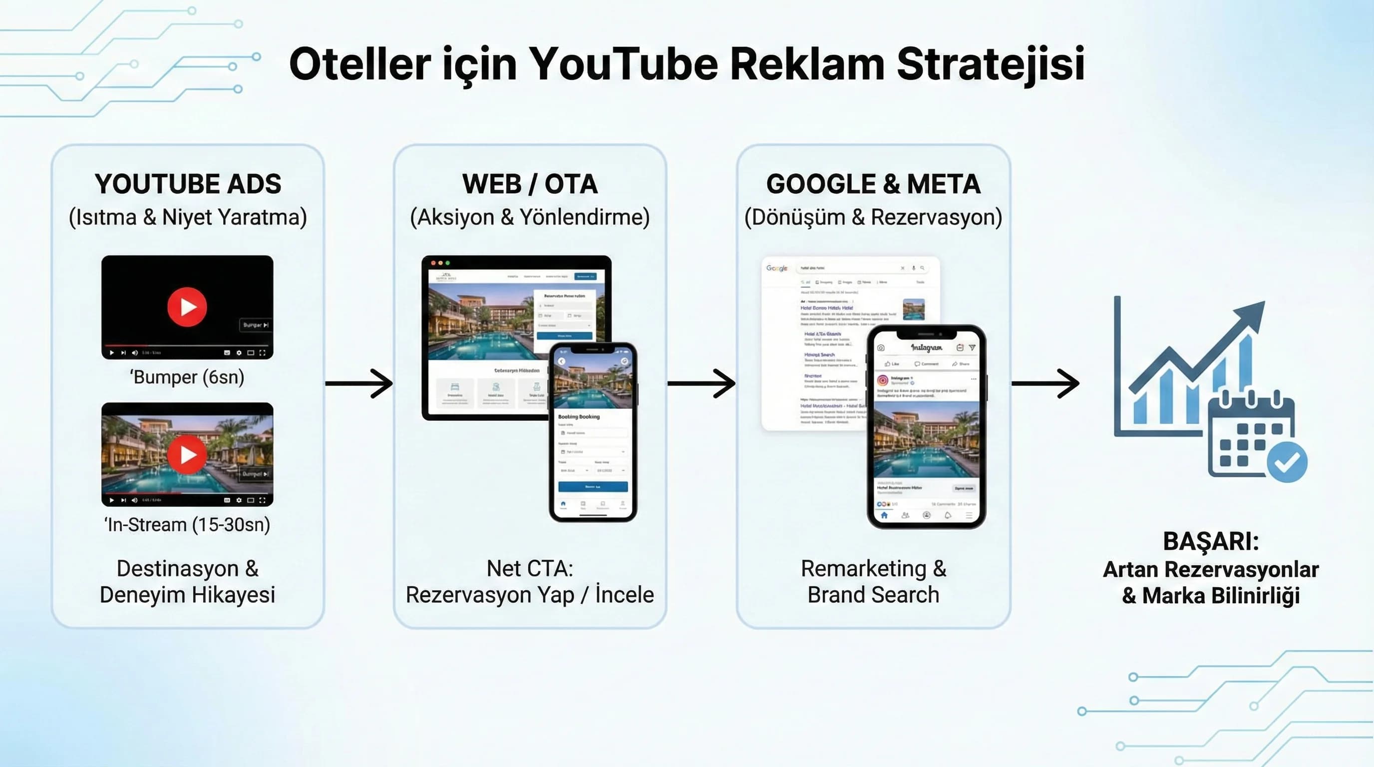 YouTube Google Meta entegrasyonunu otel bağlamında anlatan görsel