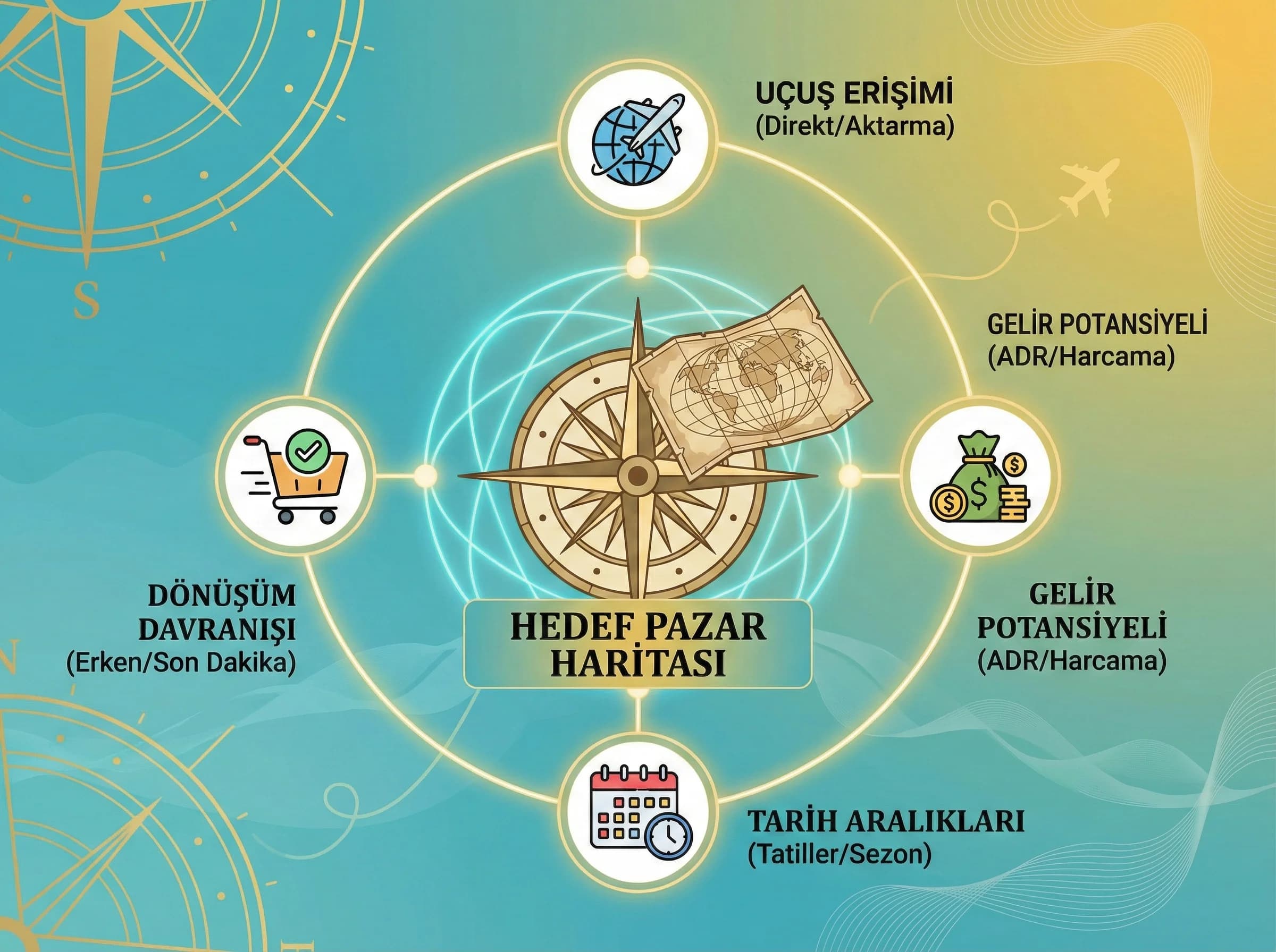 Hedef pazar haritası çıkarma adımlarını otel reklamında ayıran görsel