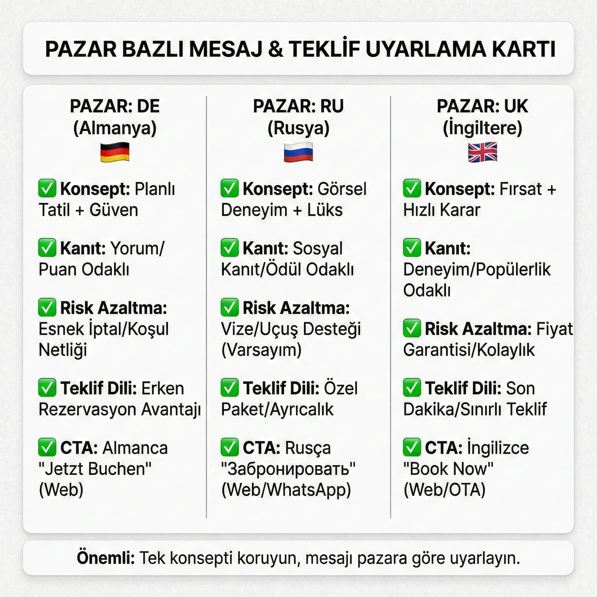 DE RU UK pazarlarını kanal karmasıyla otel funnel akışında gösteren diyagram