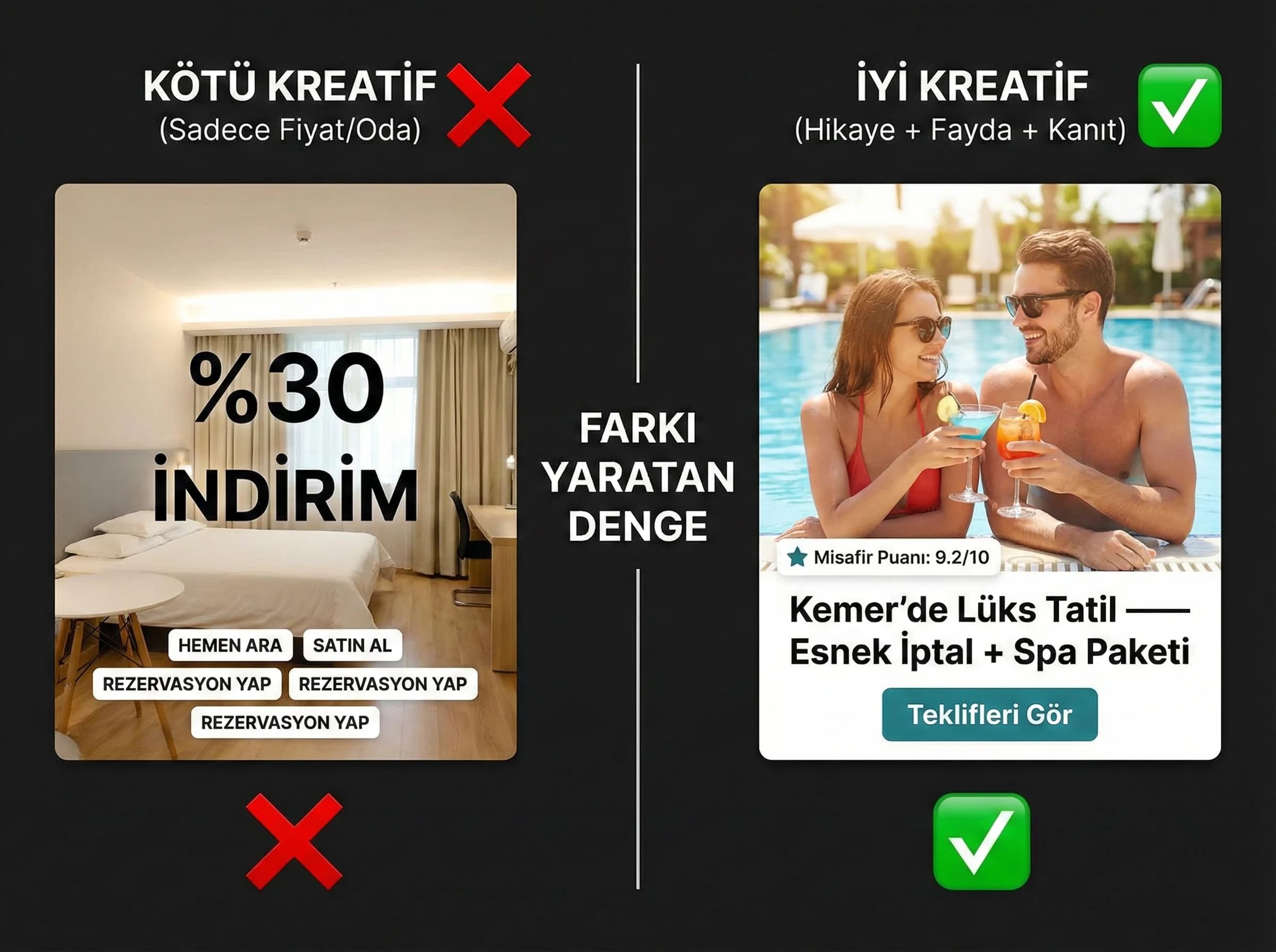 İyi ve kötü otel reklam kreatifi farkını vurgulayan bölüm görseli