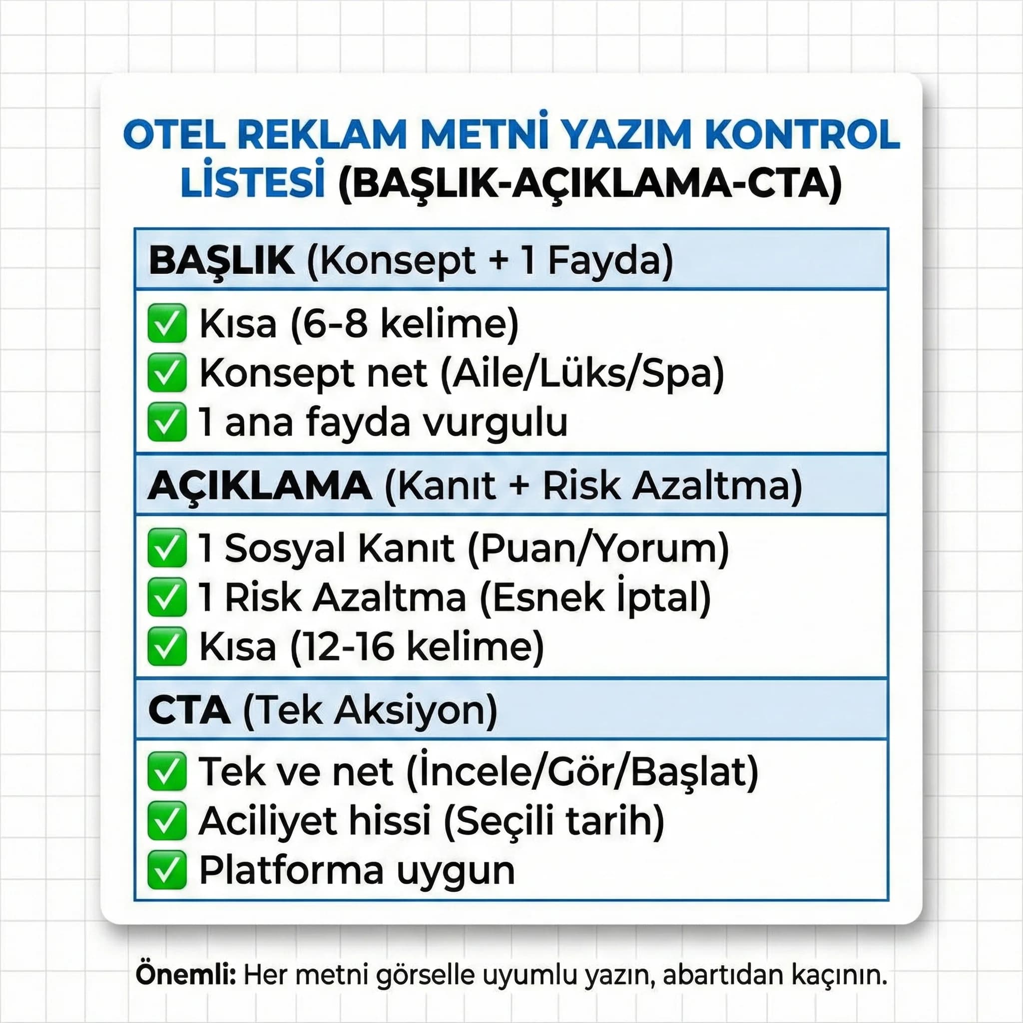 Otel reklam metni başlık açıklama CTA checklist kartı