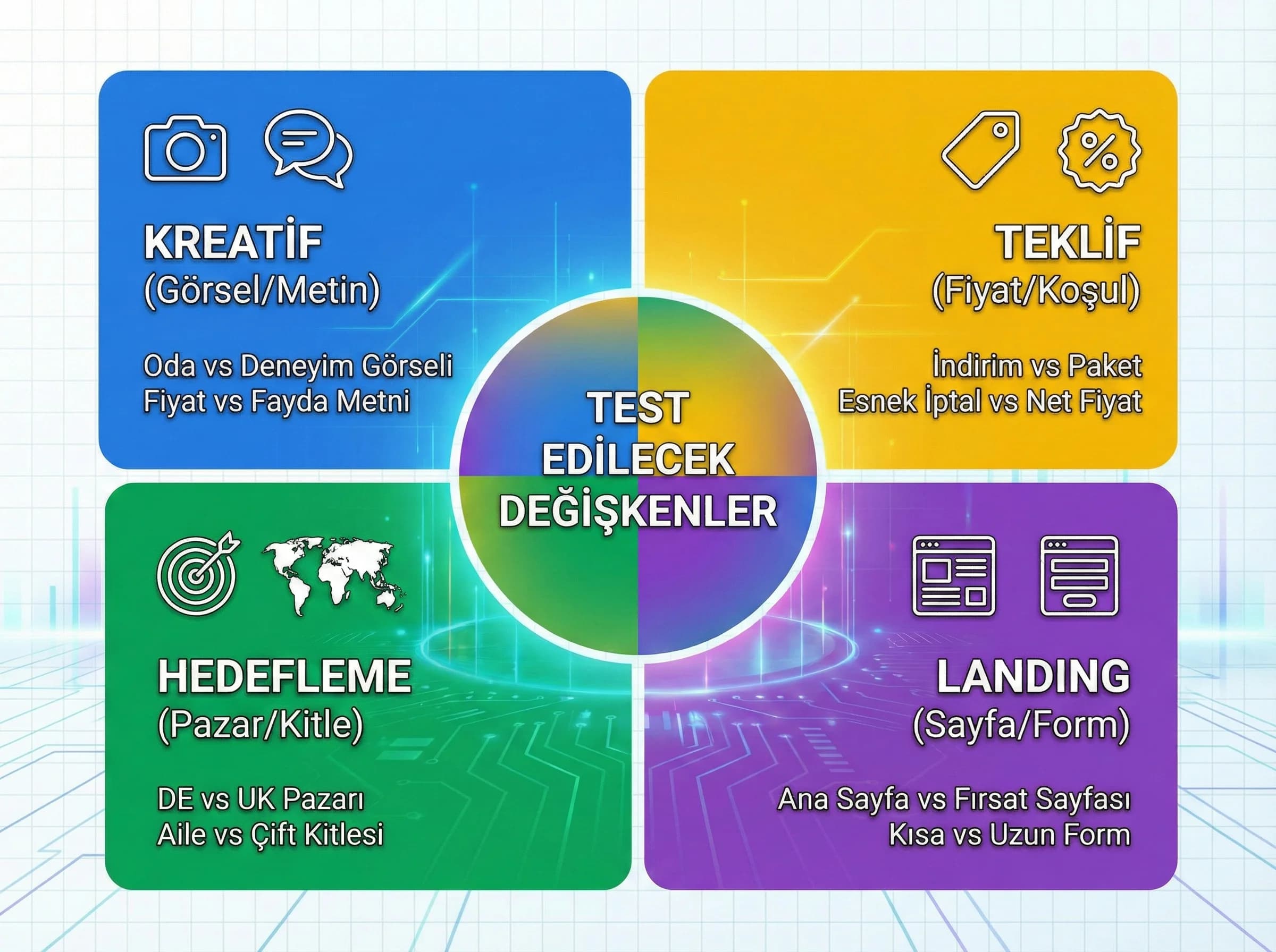 Test edilecek değişkenleri kreatif teklif hedefleme olarak ayıran bölüm görseli