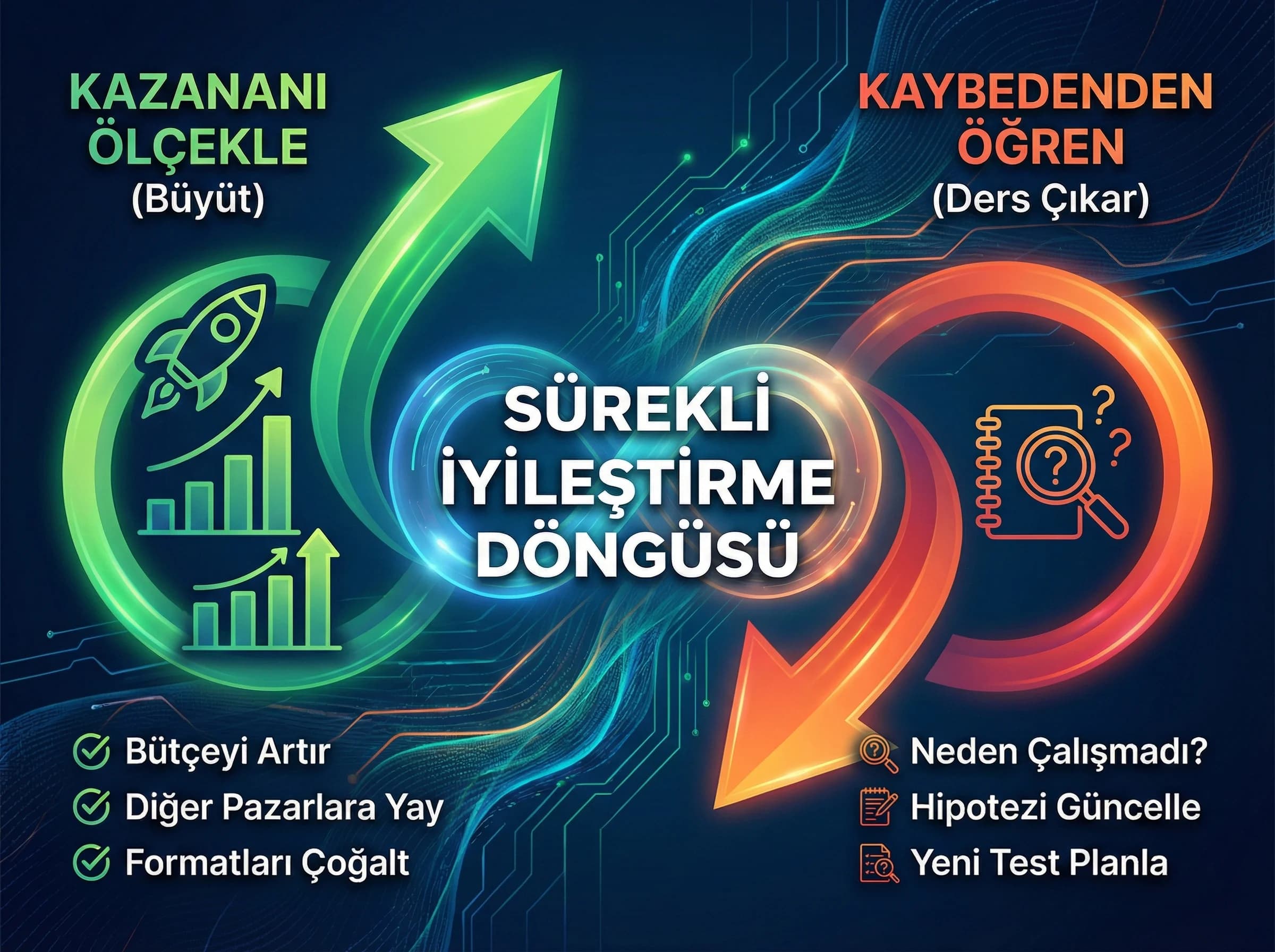 Kazananı ölçekleme ve kaybedenden öğrenme döngüsünü vurgulayan görsel