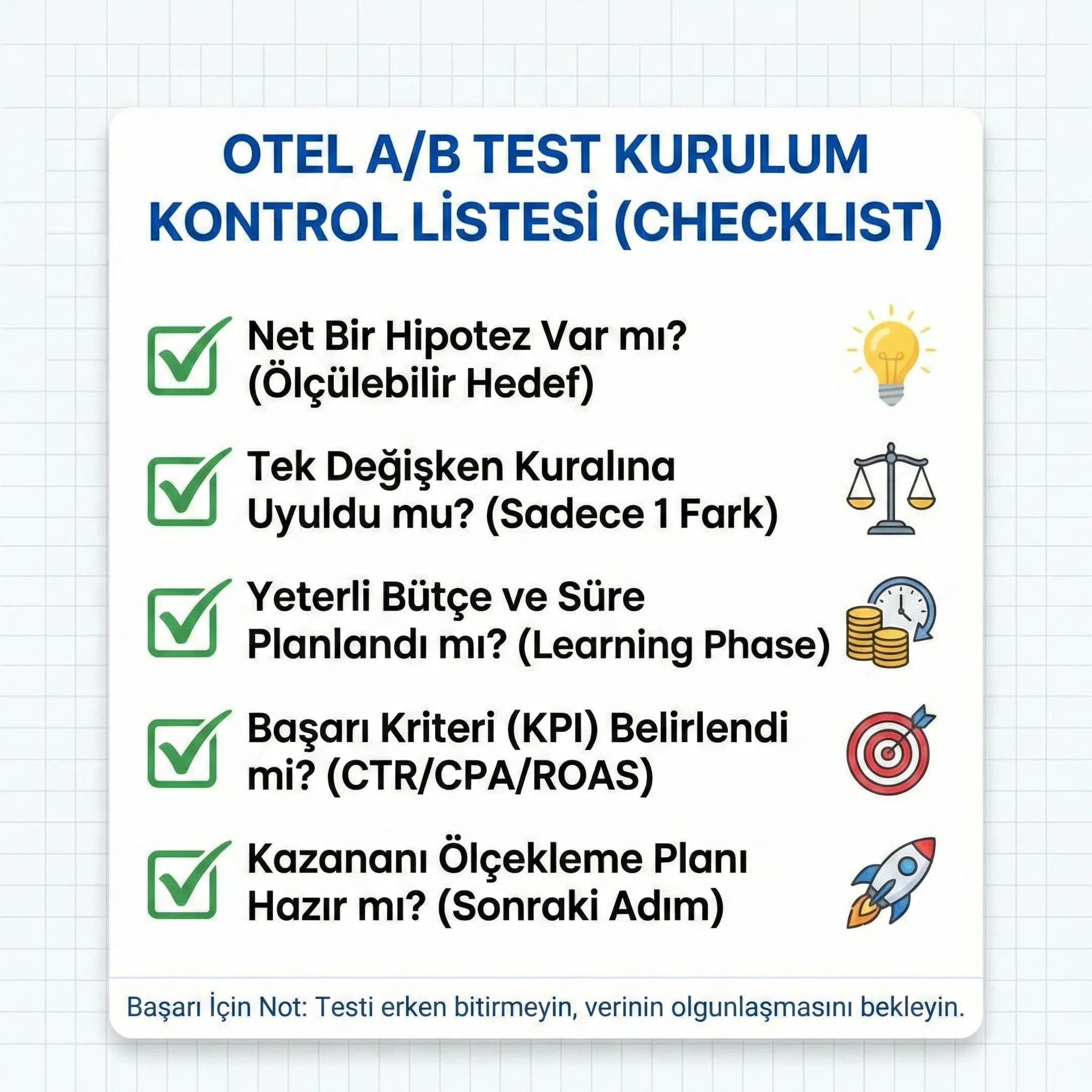 A/B test kurulum adımlarını tek sayfada özetleyen checklist kartı