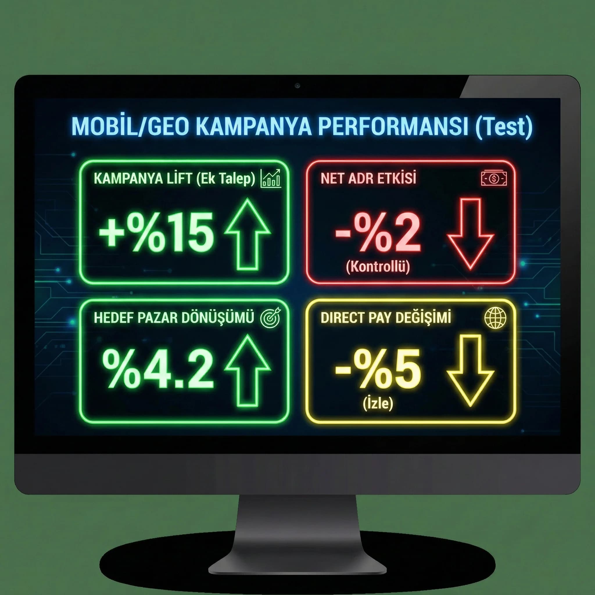 Mobil/geo kampanya KPI paneli, amaç: lift ve net ADR, otel revenue bağlamı