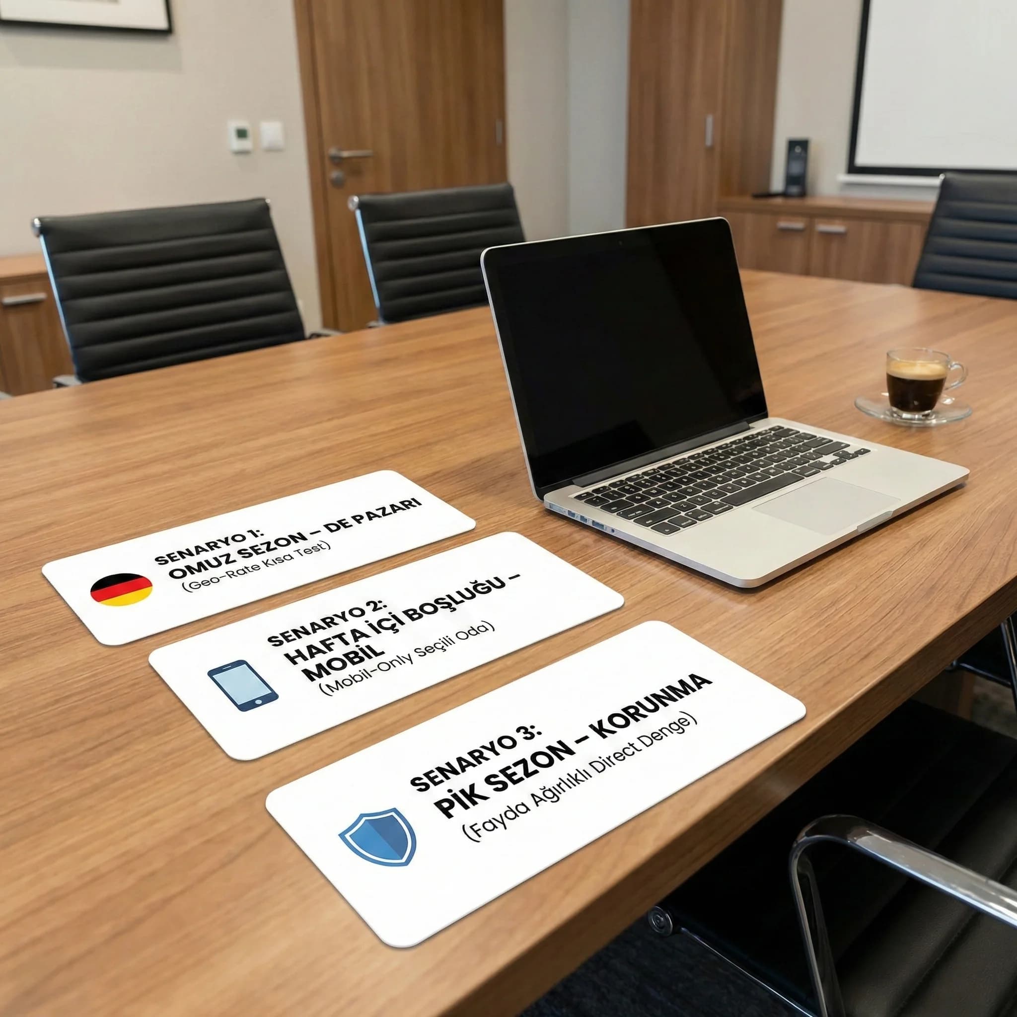 3 senaryo kartı + pazar matrisi, amaç: uygulanabilir örnekler, otel revenue bağlamı