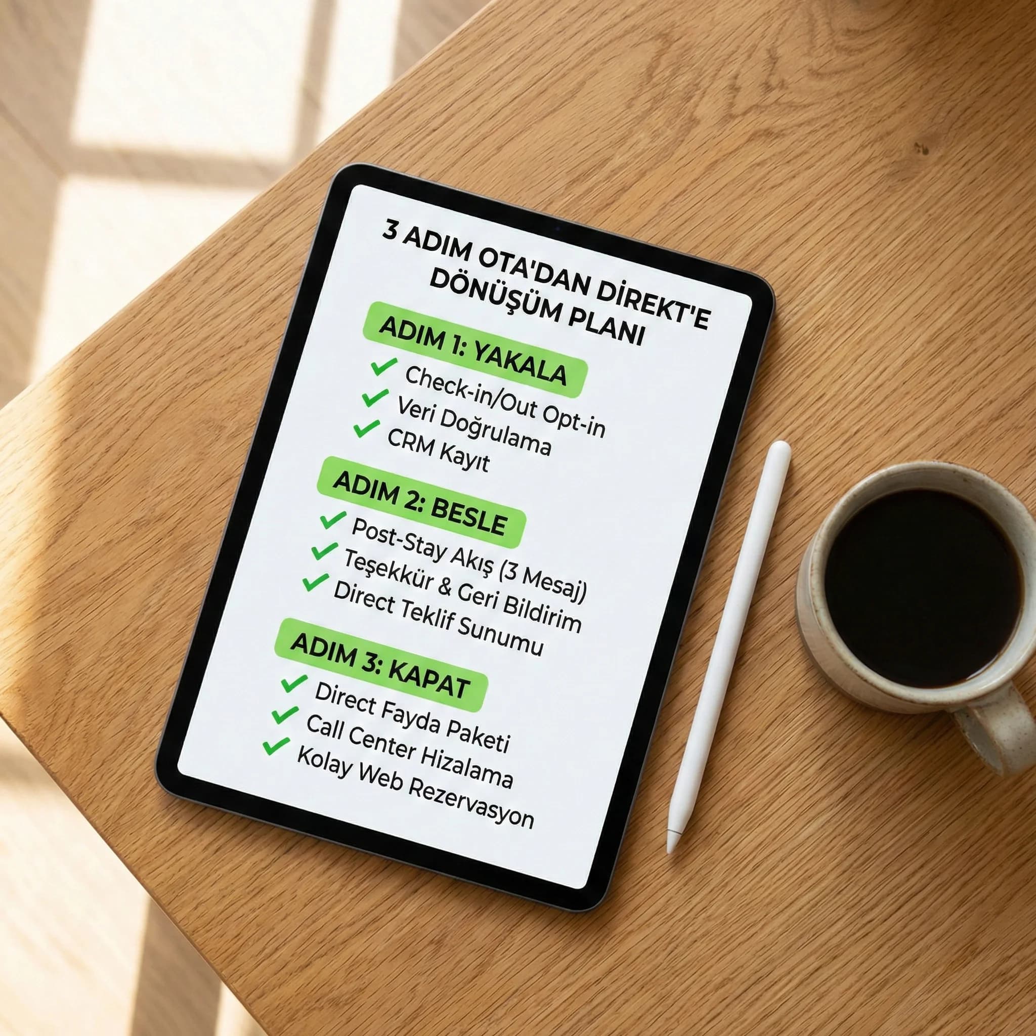 3 adım dönüşüm checklist’i, amaç: hızlı uygulama, otel CRM bağlamı
