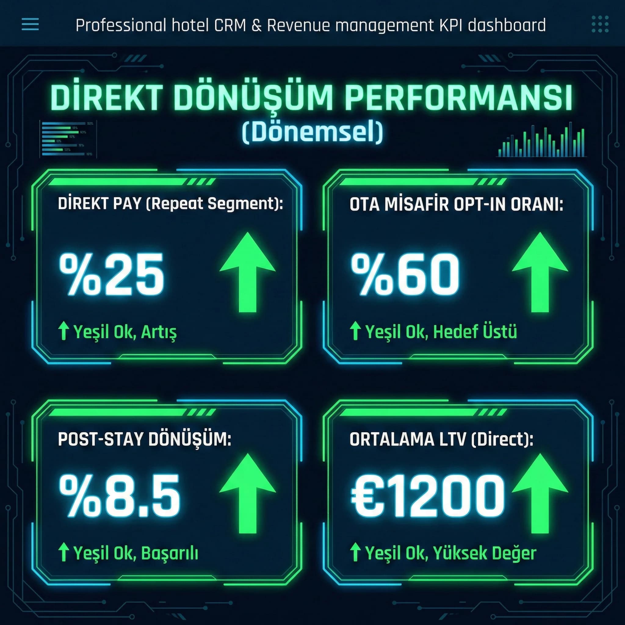 Direct pay + opt-in + LTV paneli, amaç: ölçüm, otel revenue bağlamı