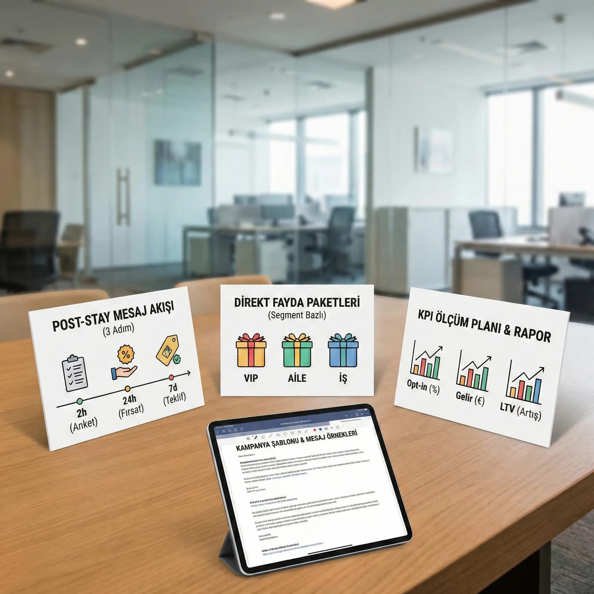Kampanya akışı + mesaj şablonları, amaç: somut çıktı, otel CRM bağlamı