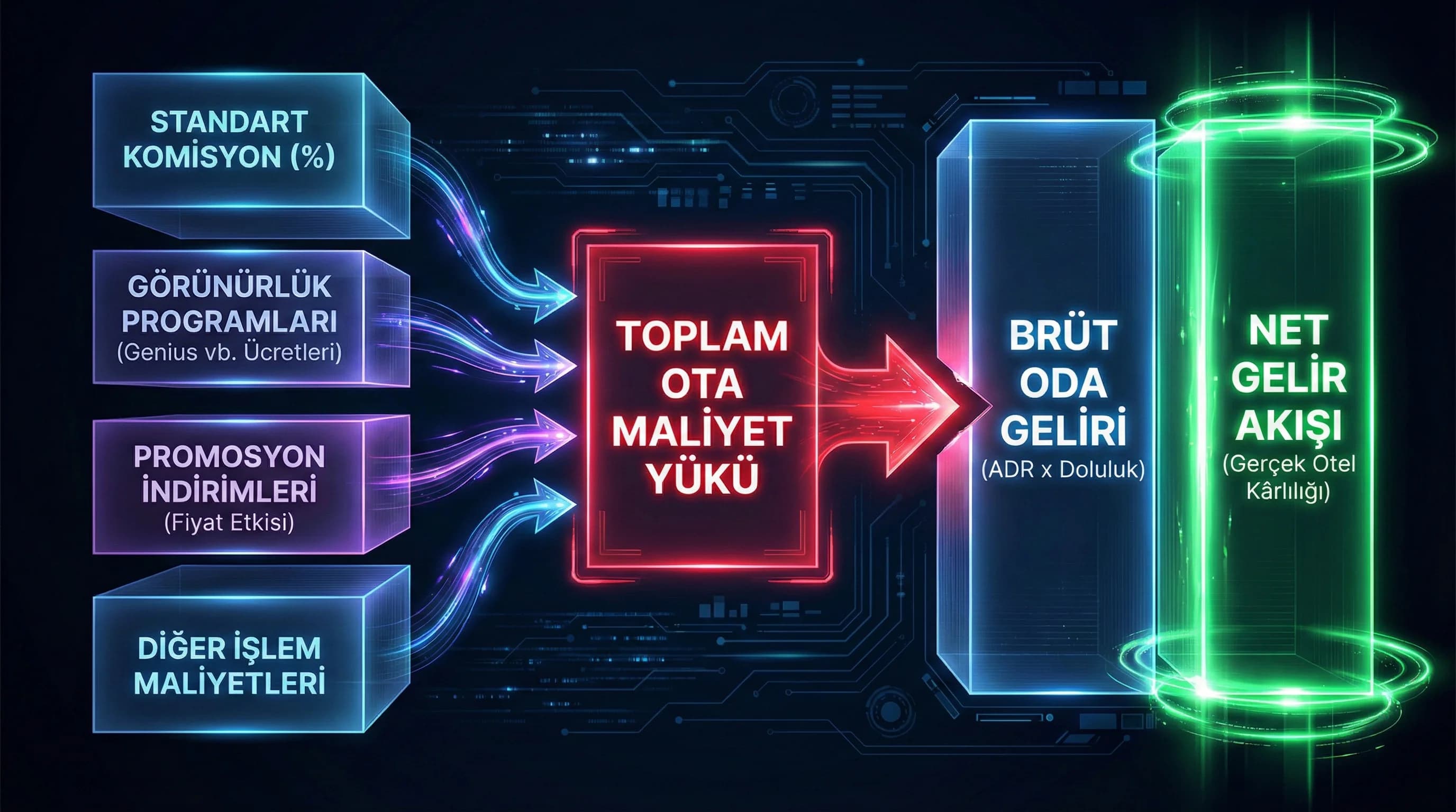 Komisyon+ek maliyet→net gelir akışı, amaç: toplam maliyet görünürlüğü, otel kârlılık bağlam