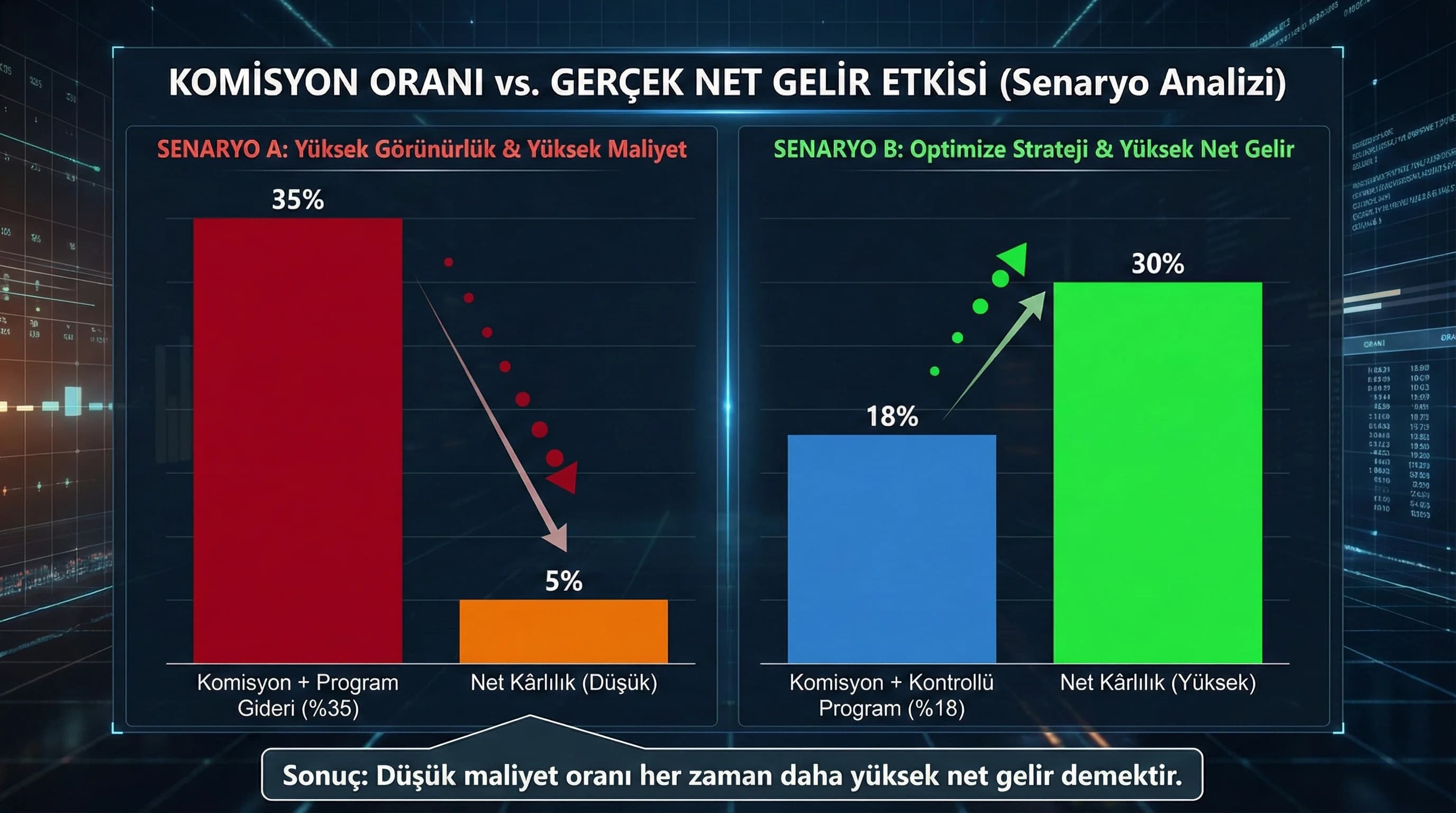 Komisyon oranı vs net gelir grafiği, amaç: kârlılık etkisi, otel revenue bağlamı