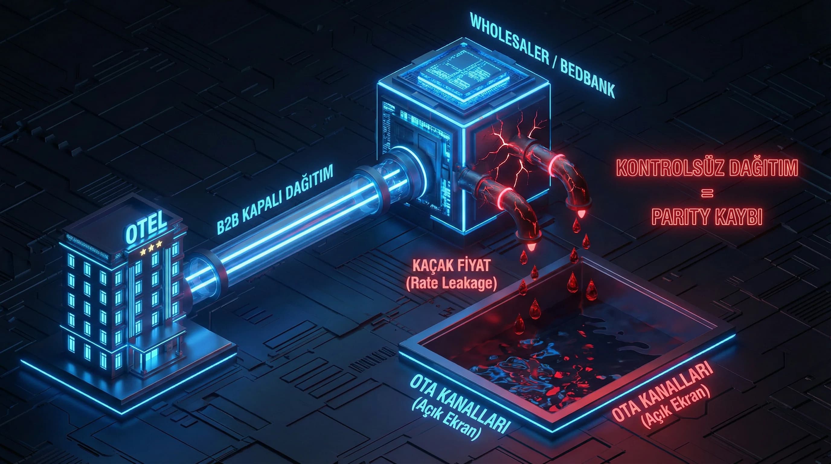 Otel→wholesaler→OTA akışı, amaç: kaçak oluşum mantığı, otel revenue bağlamı