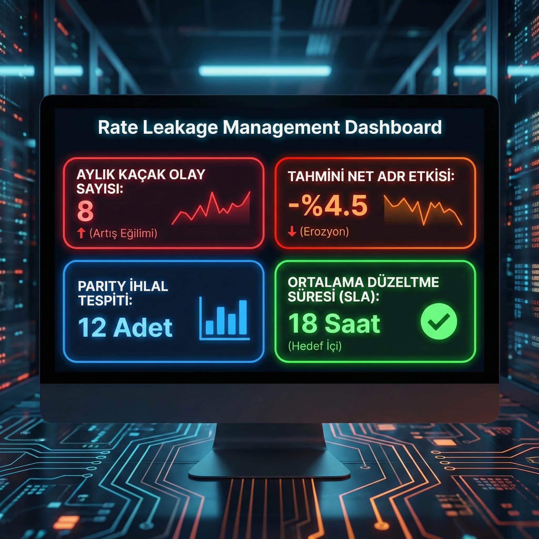 Leakage KPI paneli, amaç: olay sayısı ve net ADR etkisi, otel kârlılık bağlamı