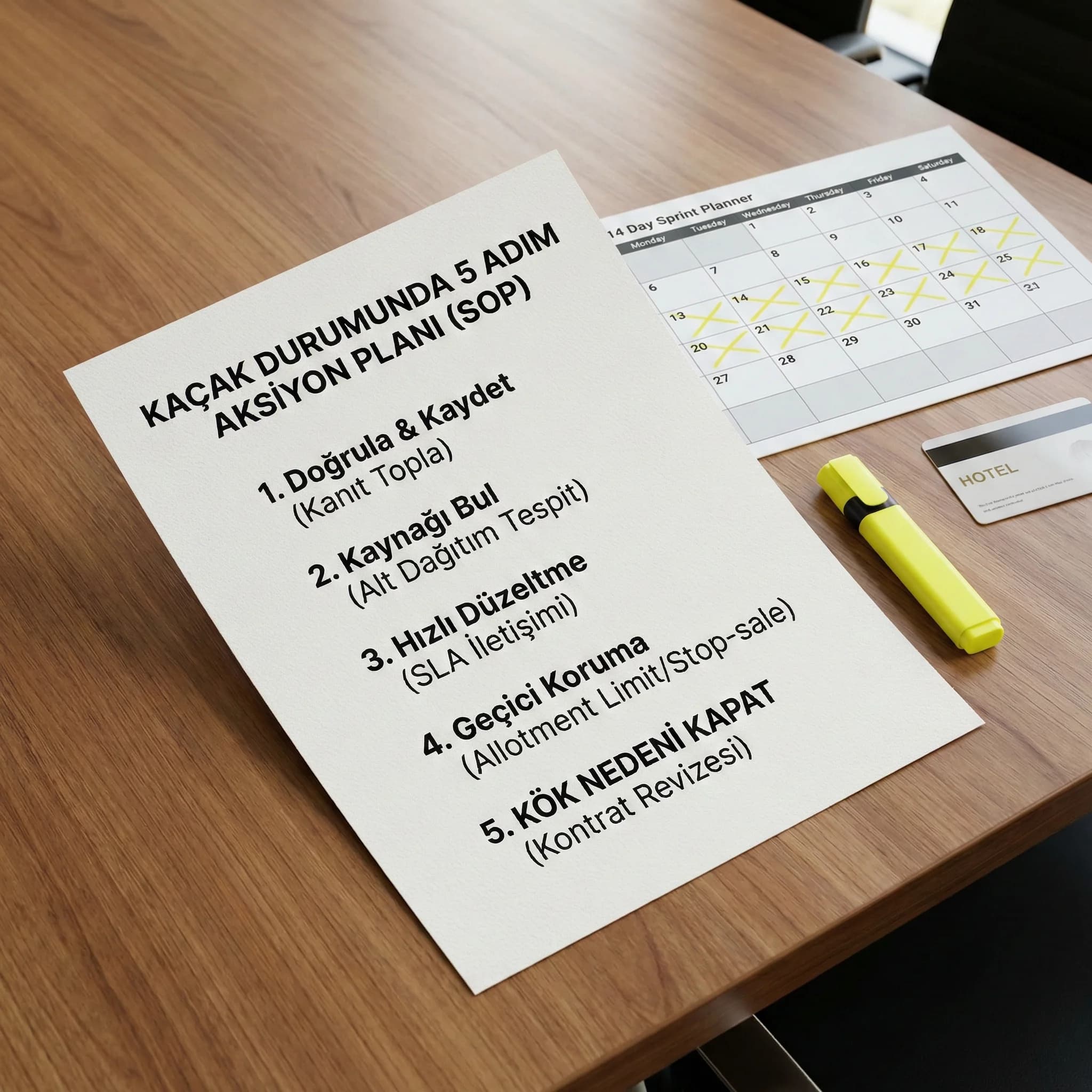 5 adım aksiyon planı, amaç: tespit→düzeltme→kök neden, otel operasyon bağlamı