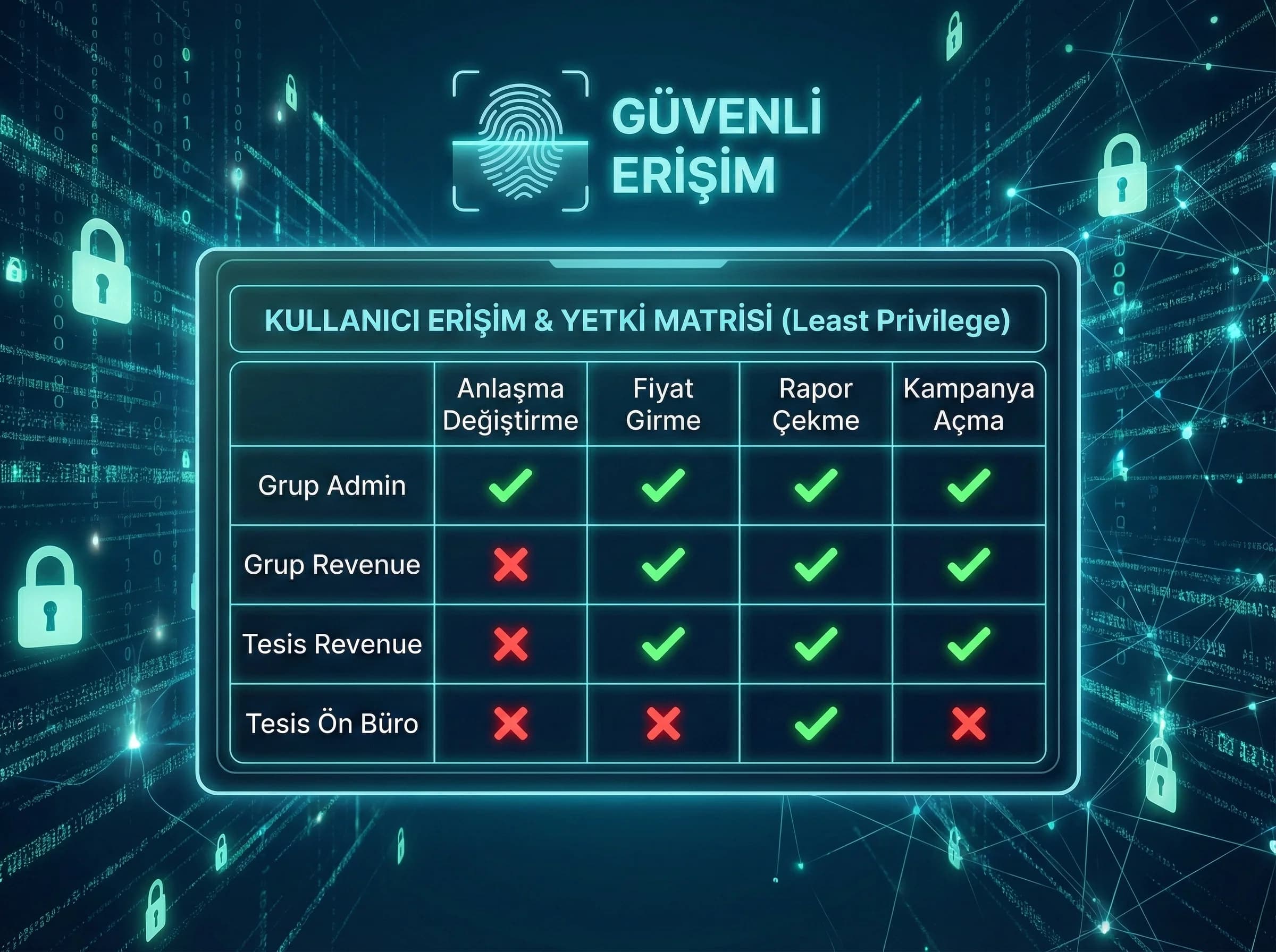 Rol ve yetki tablosu, amaç: erişim netliği, otel güvenlik bağlamı