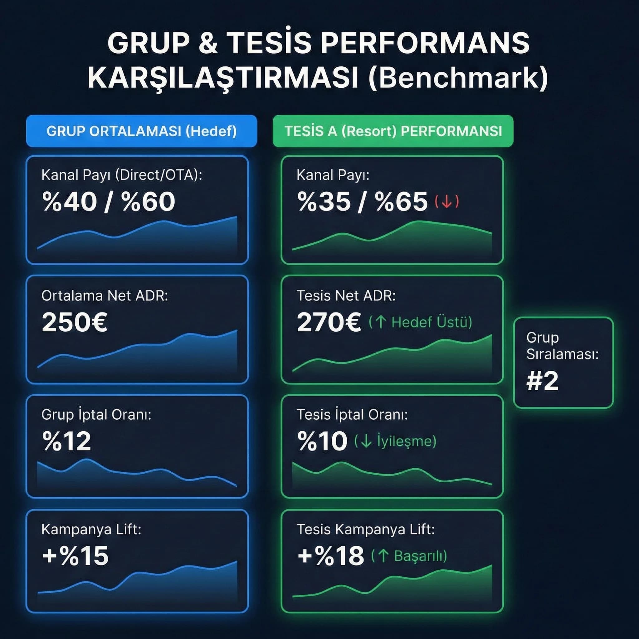 Grup vs tesis KPI paneli, amaç: benchmark, otel grup bağlamı