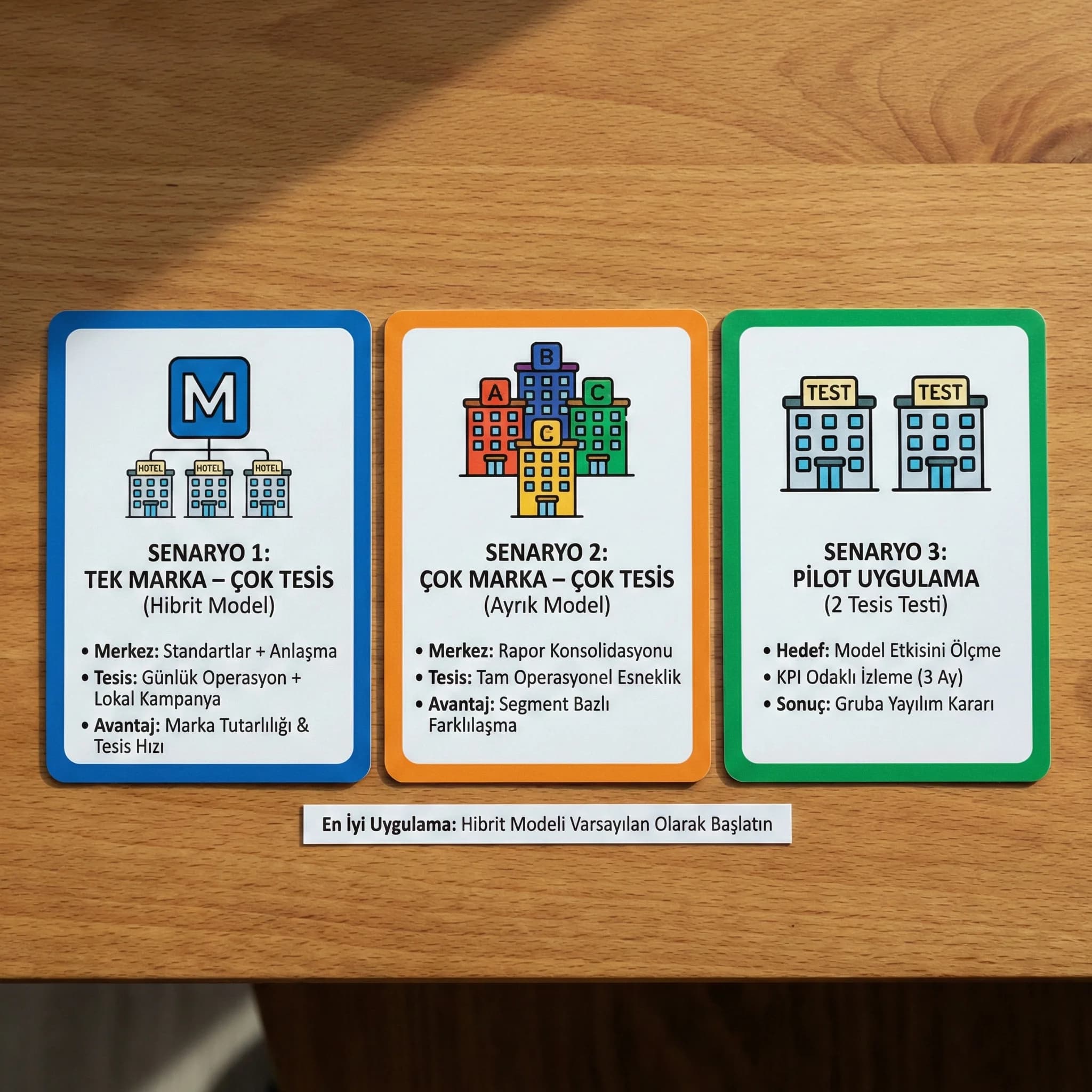 3 multi-property senaryo kartı, amaç: model örnekleri, otel grup bağlamı