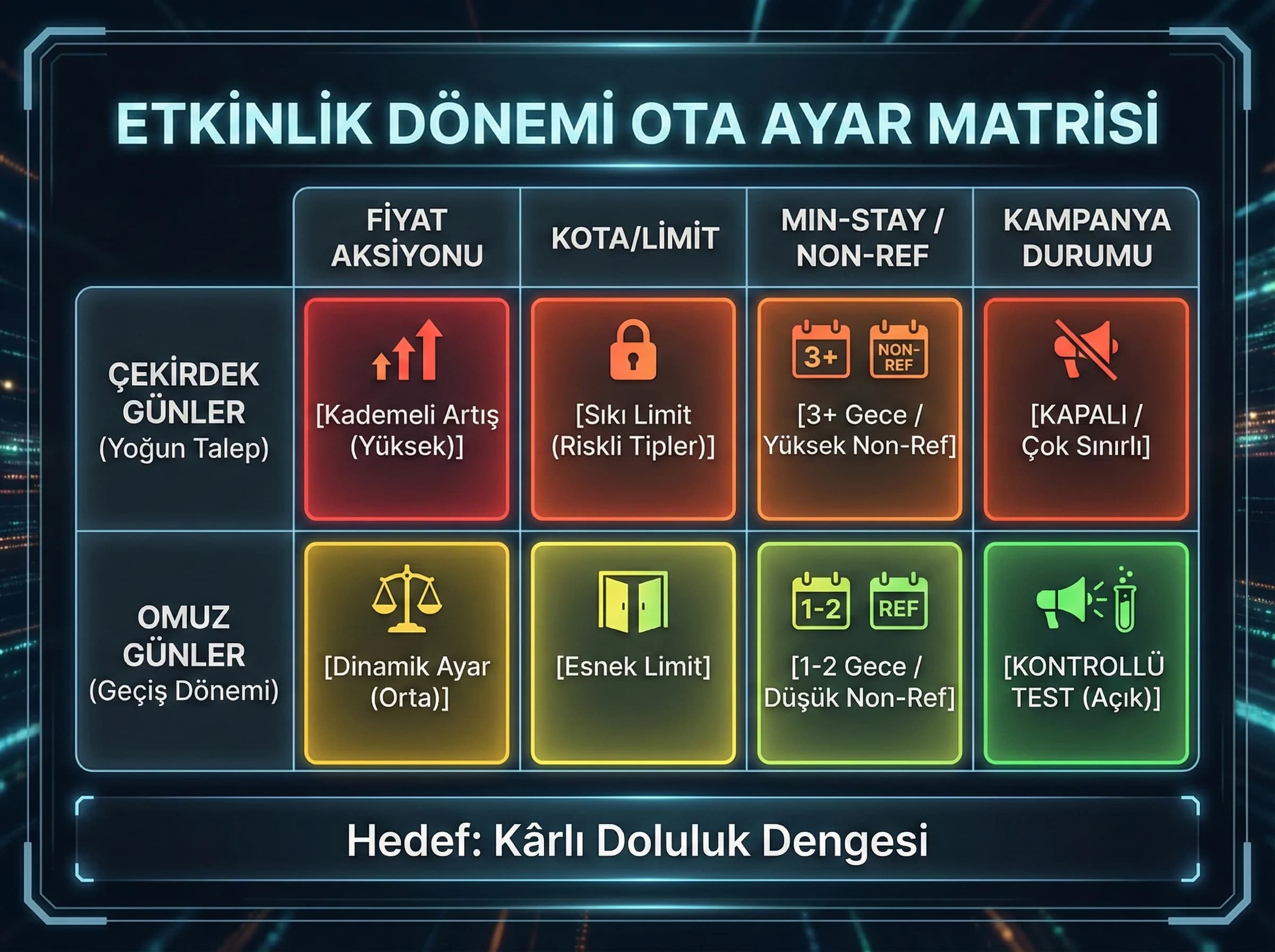 Fiyat/kota/min-stay ayar tablosu görseli, amaç: hızlı uygulama, otel revenue bağlamı