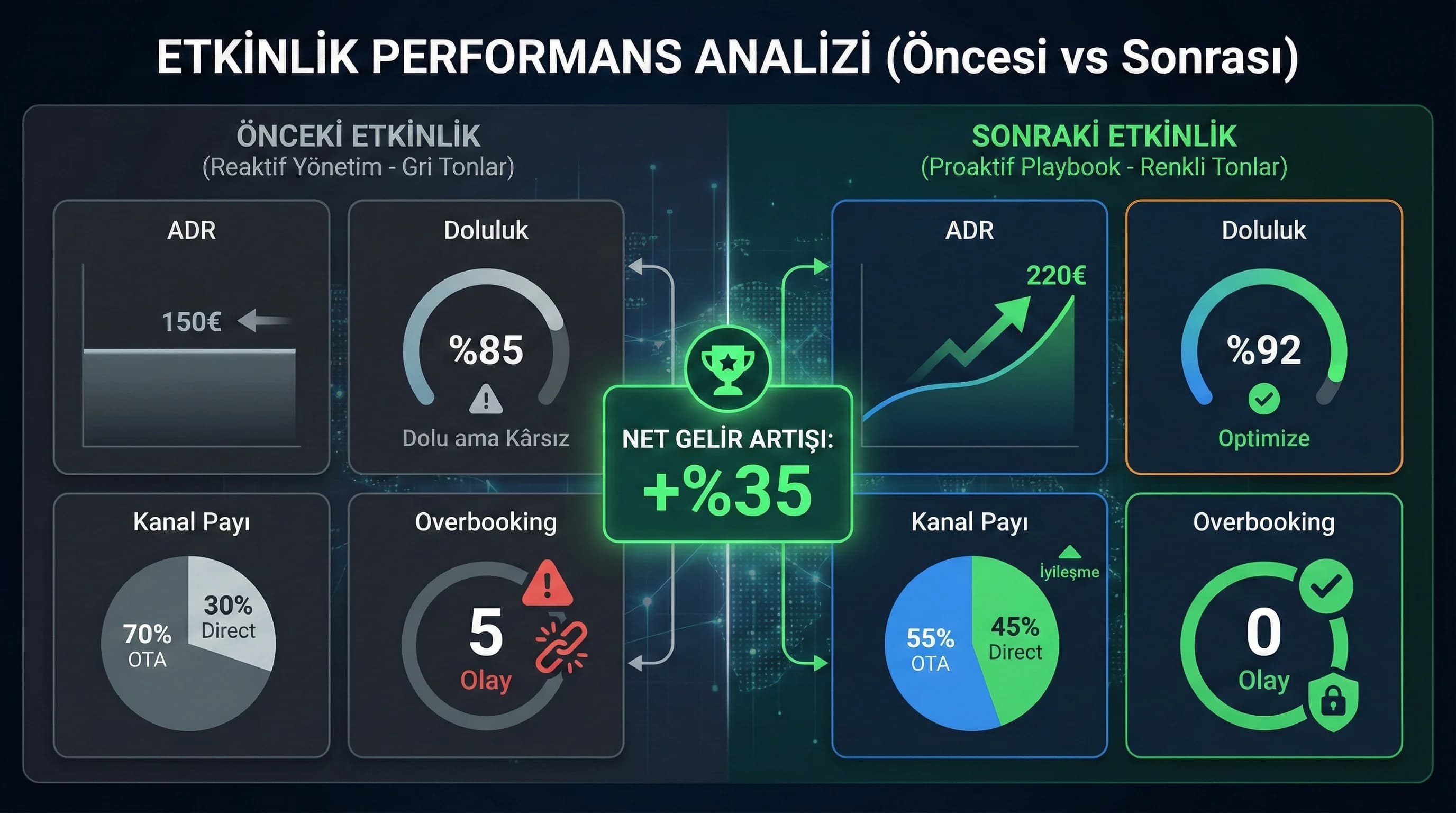 Etkinlik öncesi/sonrası performans grafiği, amaç: ölçüm ve kıyas, otel revenue bağlamı
