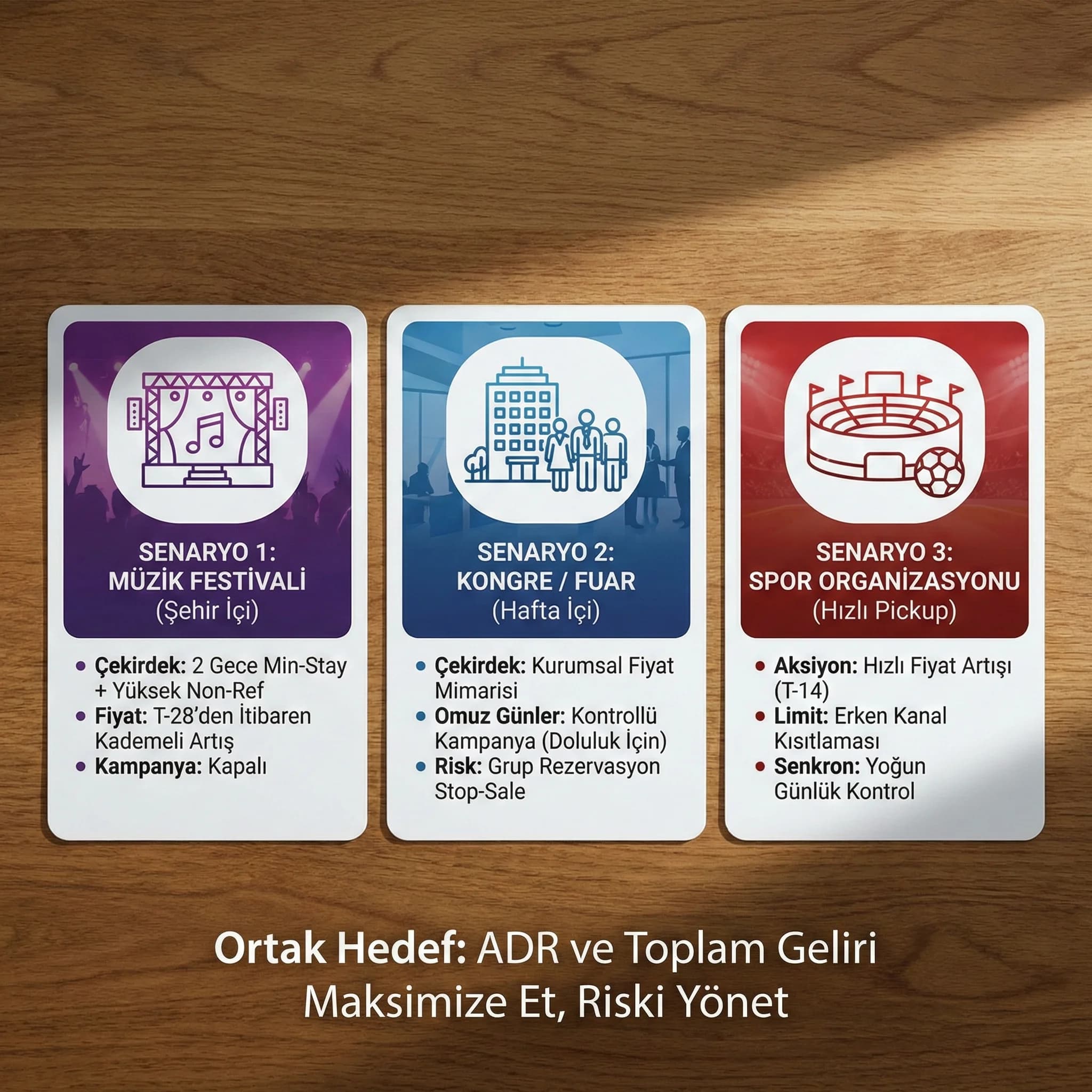 3 etkinlik senaryosu kartı, amaç: uygulanabilir örnekler, otel revenue bağlamı