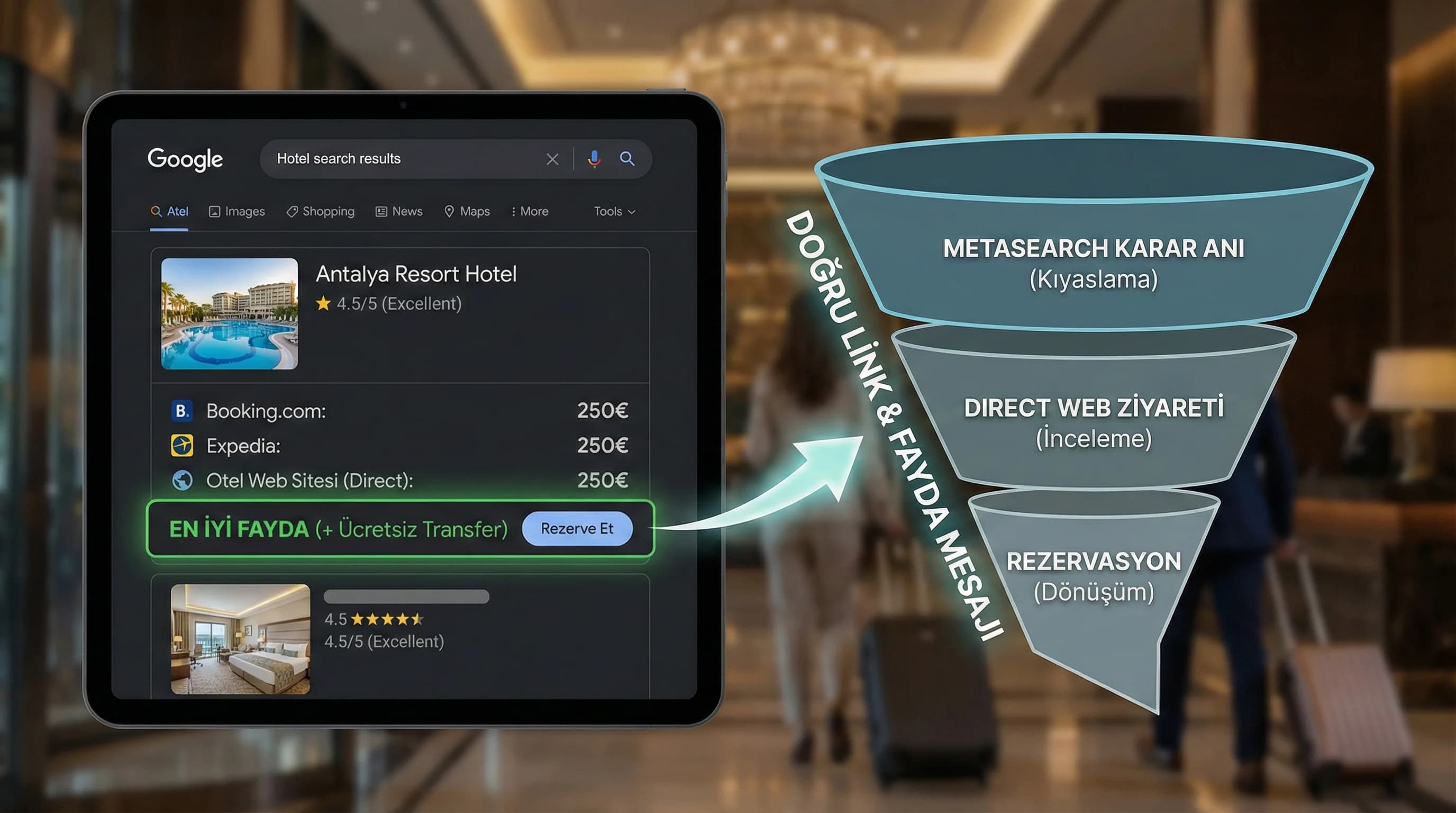 Metasearch ekran mockup + funnel, amaç: karar anı, otel satış bağlamı