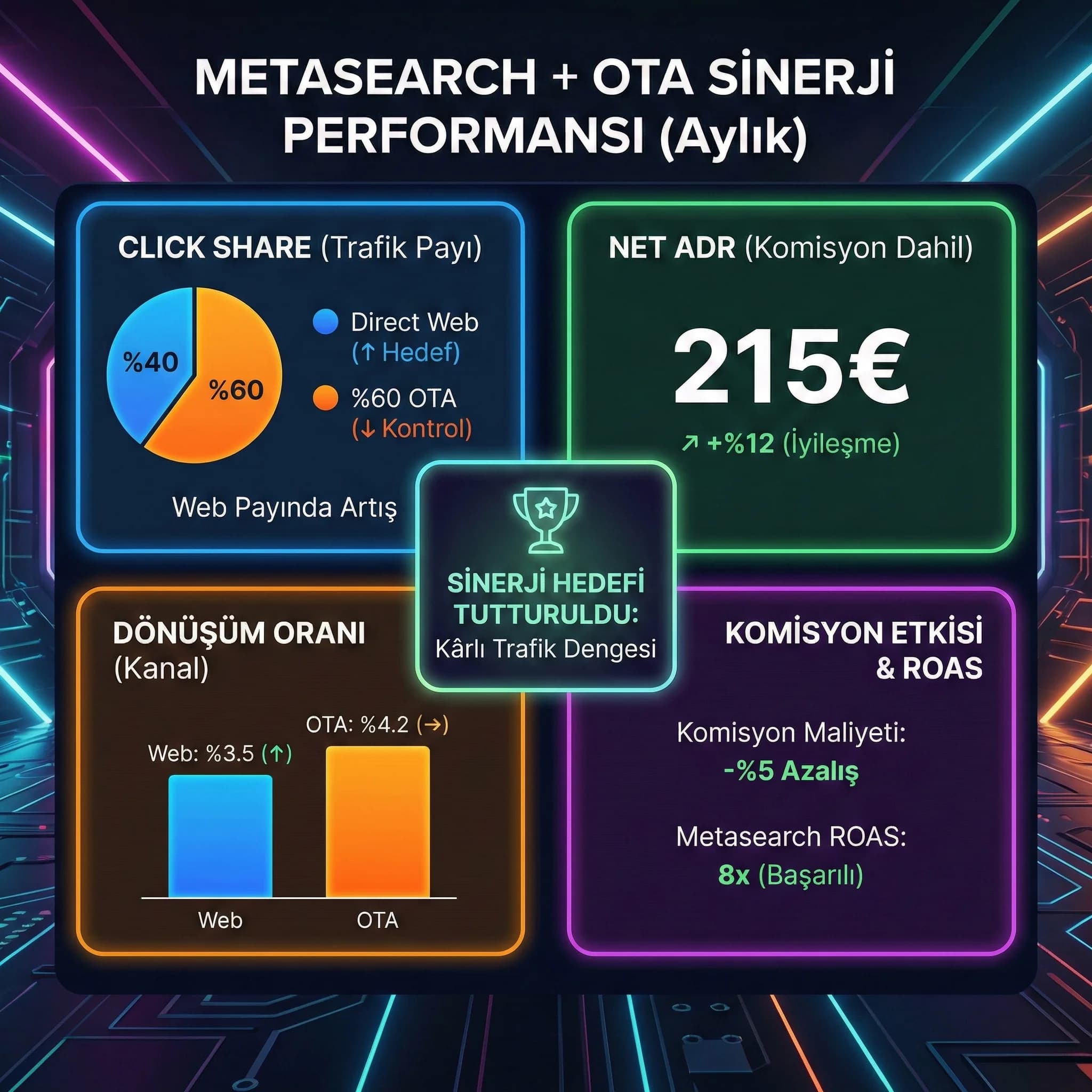 Click share + net ADR paneli, amaç: optimizasyon, otel revenue bağlamı