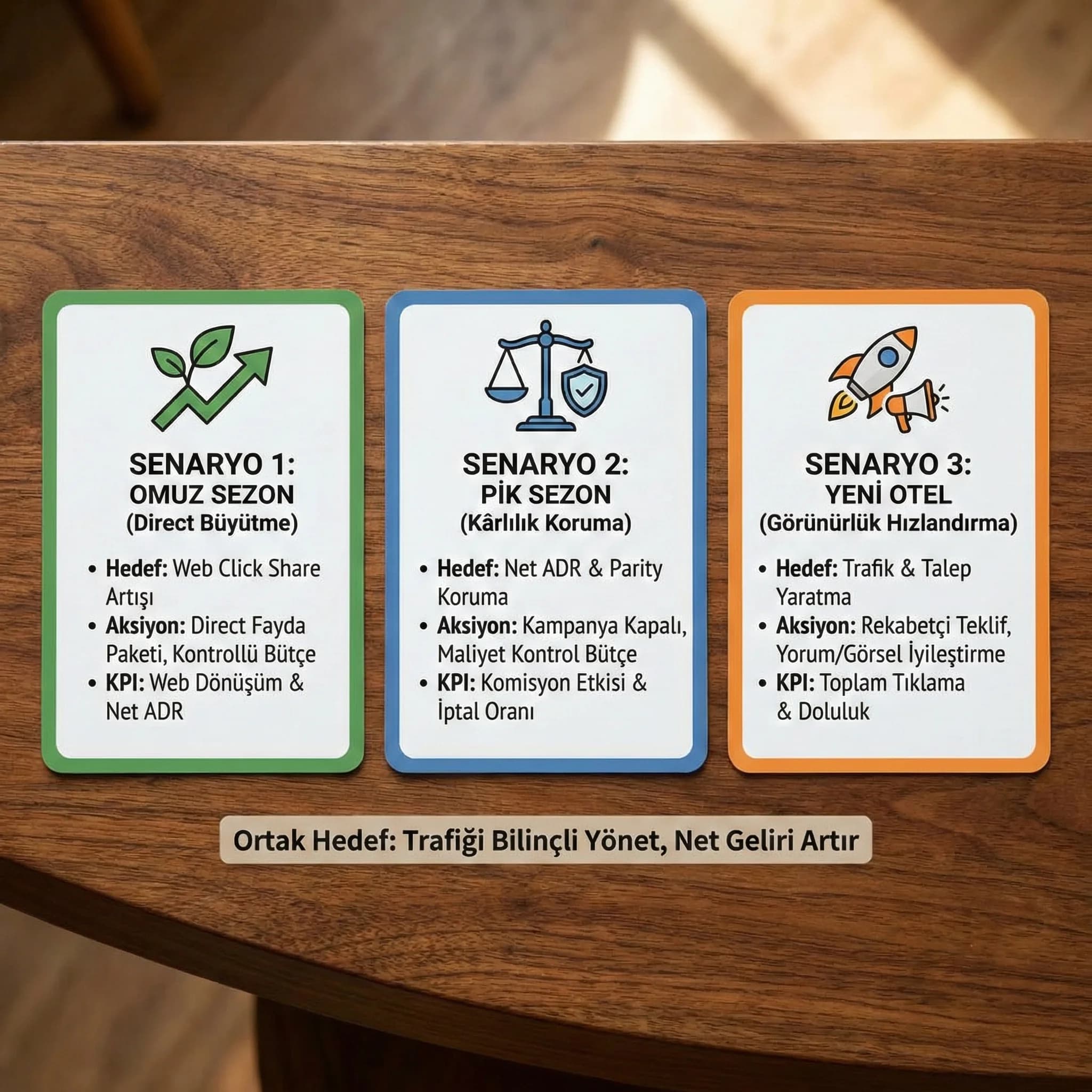 3 senaryo kartı, amaç: uygulanabilir çerçeve, otel revenue bağlamı