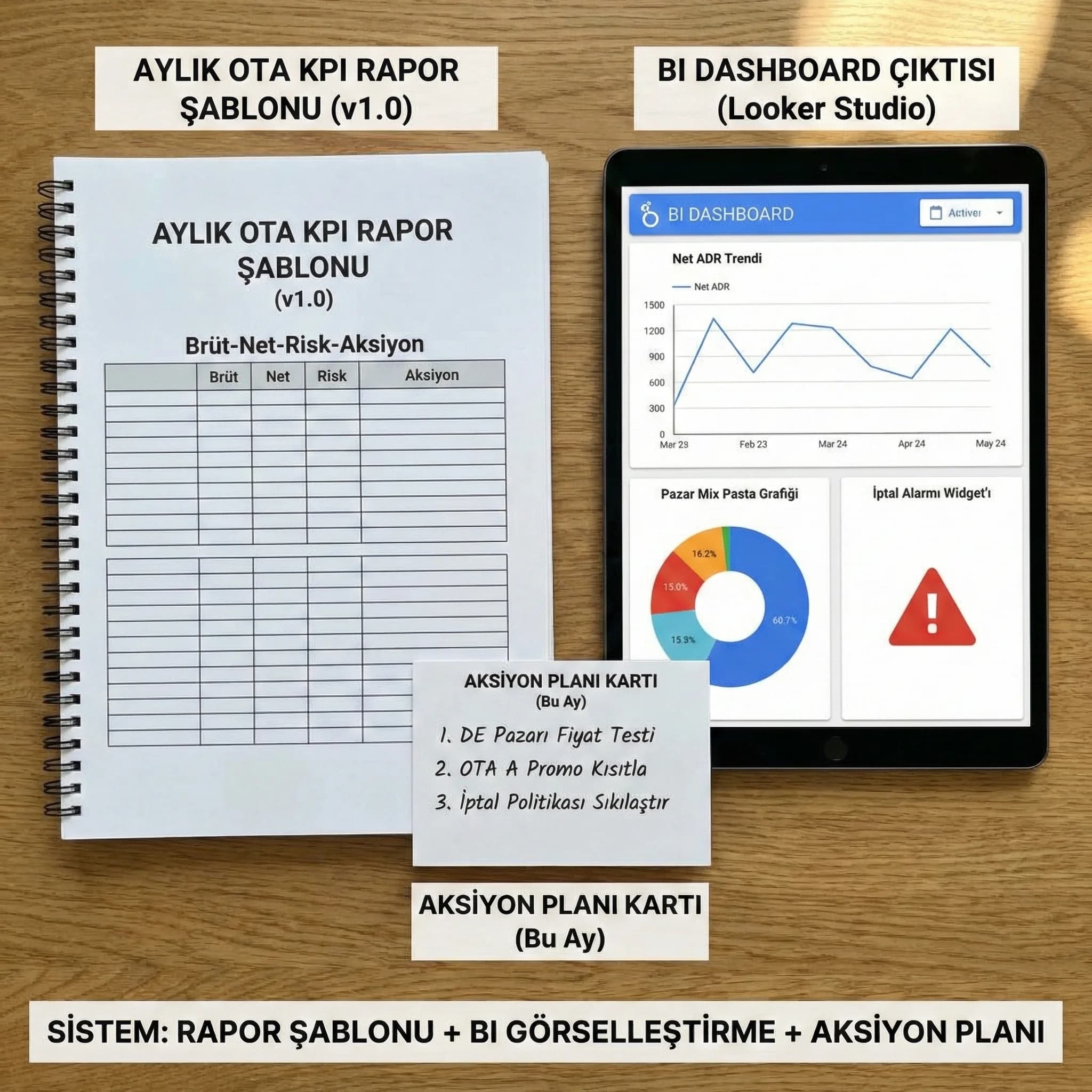 KPI rapor şablonu + dashboard çıktıları, amaç: uygulanabilir sistem, otel raporlama bağlamı