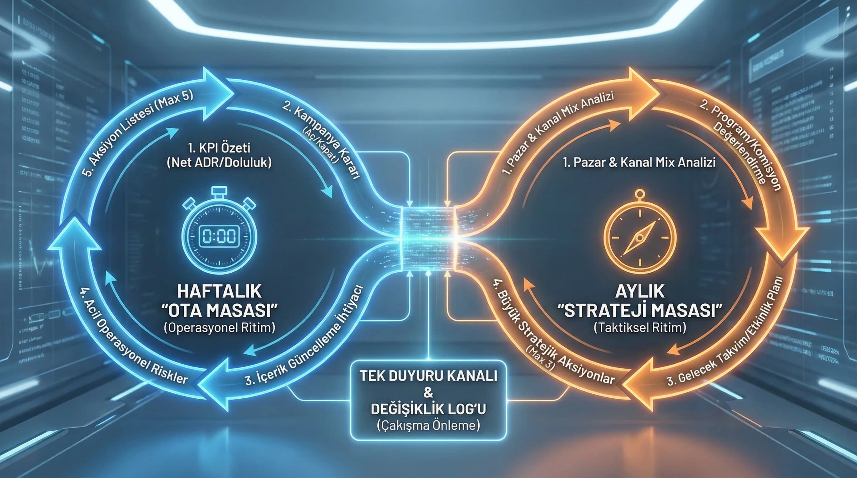 Toplantı ritmi + iletişim akışı, amaç: çakışma önleme, otel süreç bağlamı