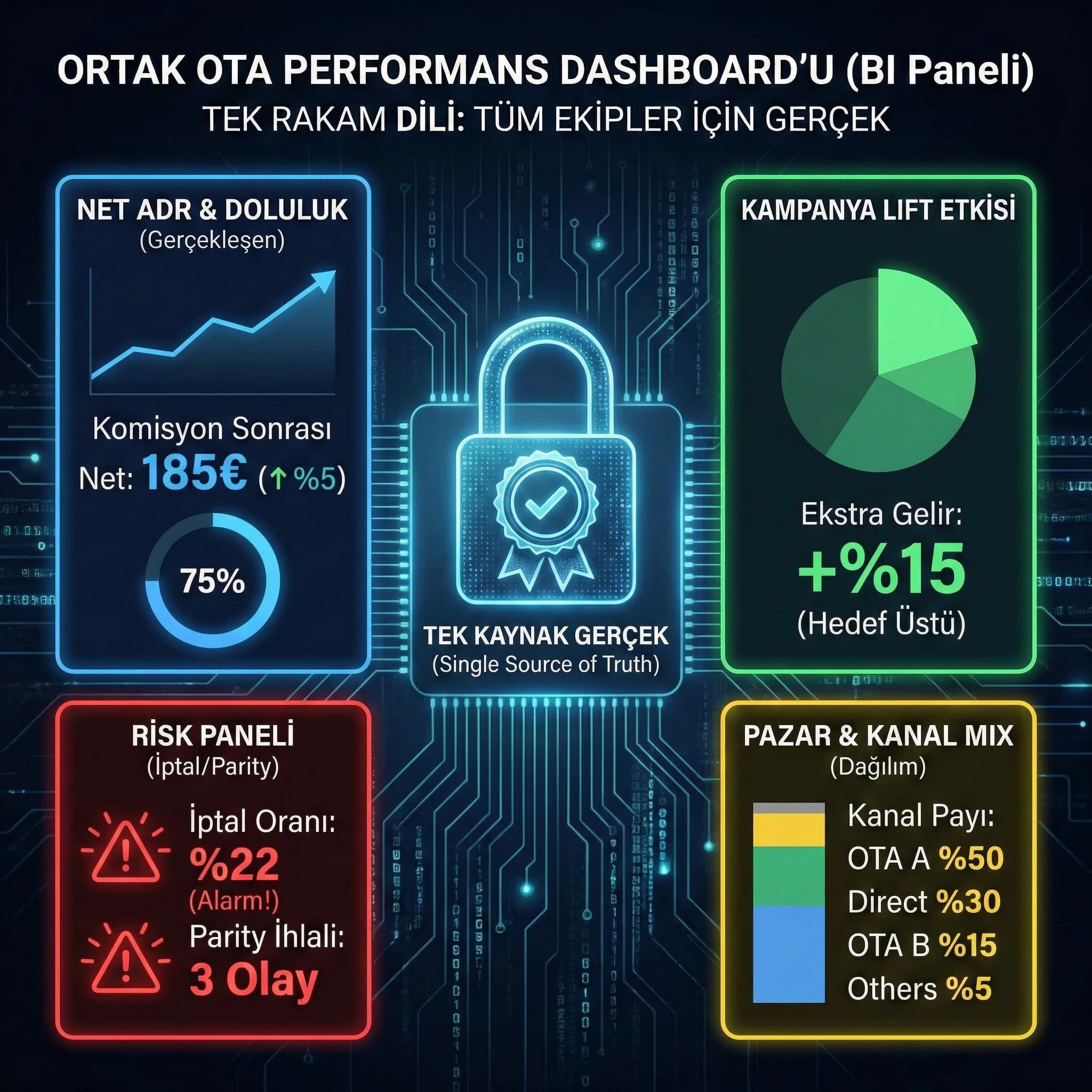 Ortak dashboard şeması, amaç: tek rakam dili, otel revenue bağlamı