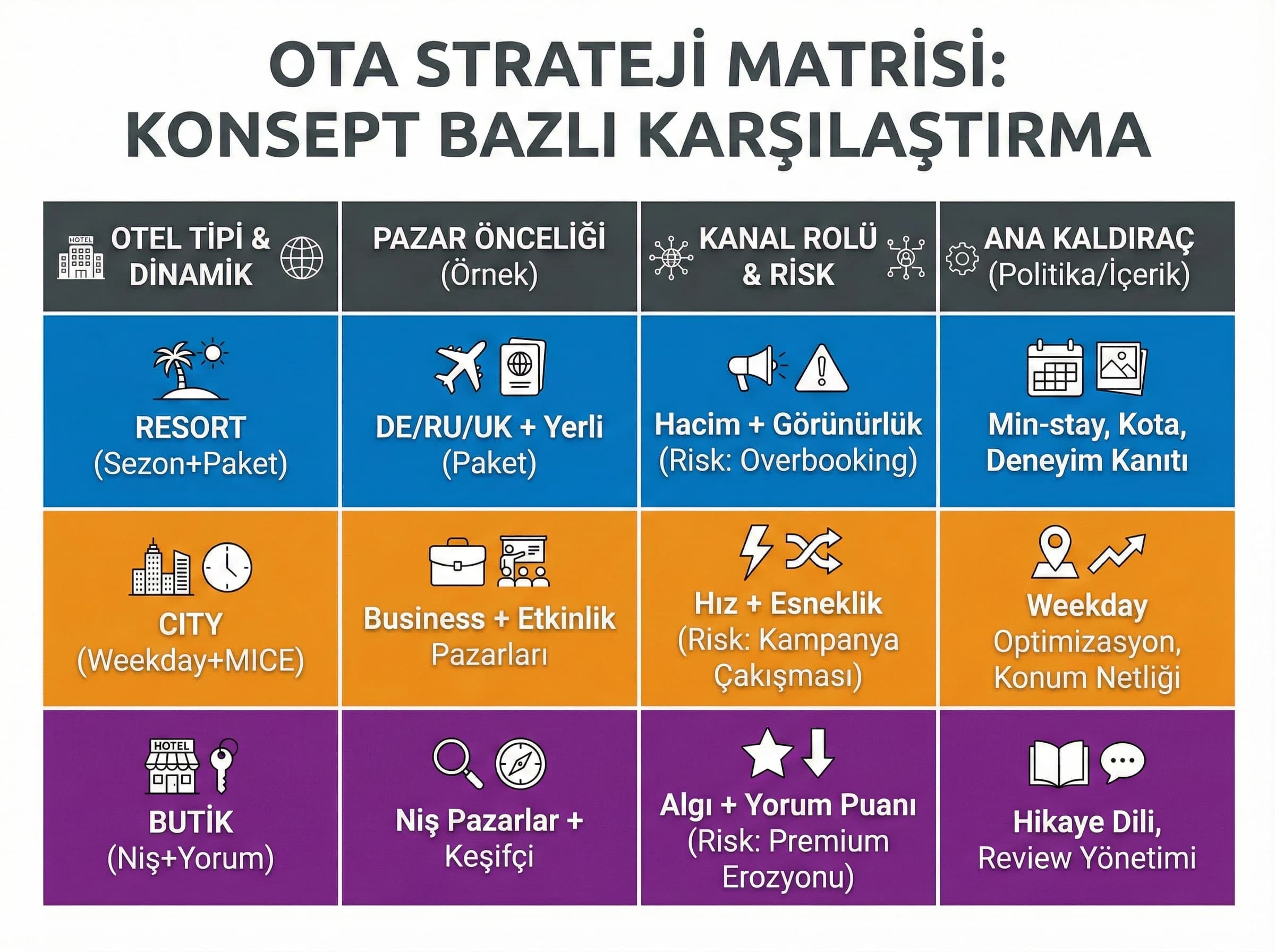 3’lü karşılaştırma tablosu, amaç: strateji kıyası, otel revenue bağlamı