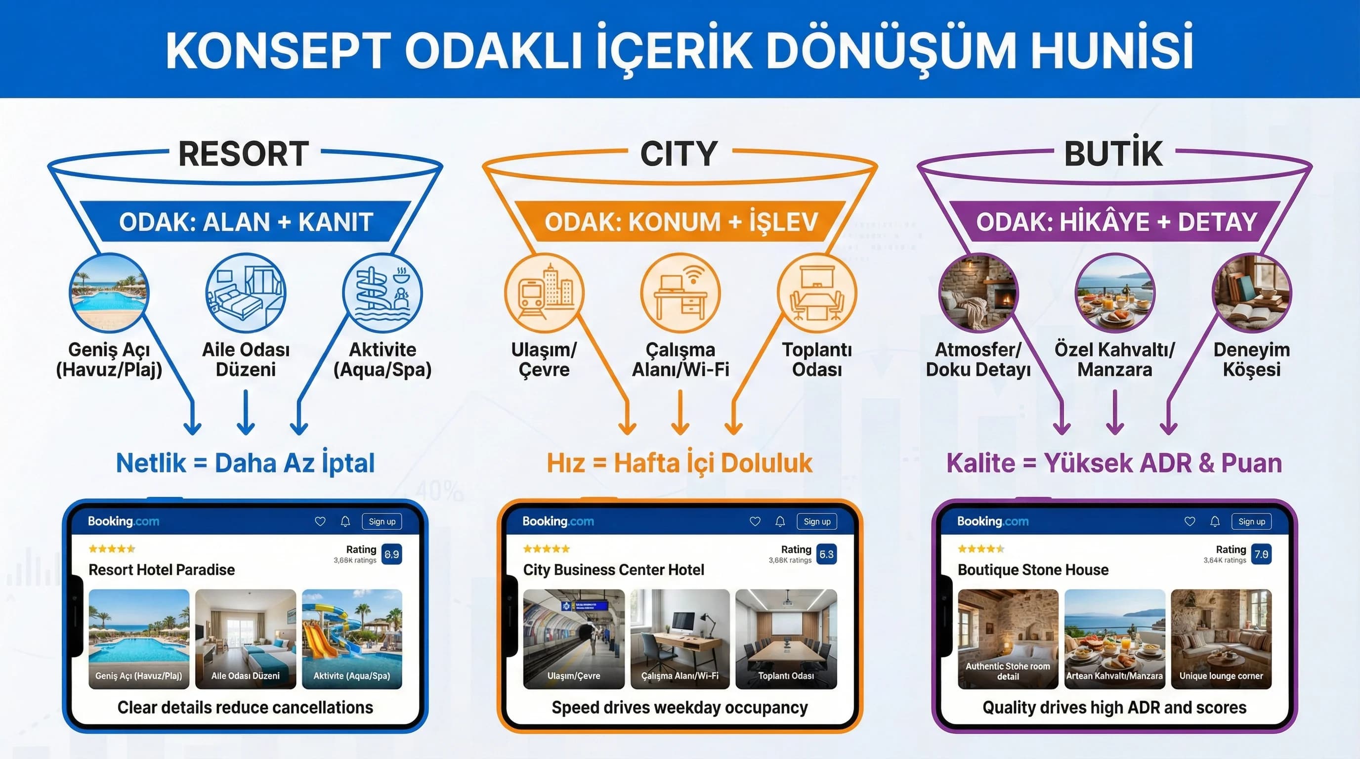 Konsept bazlı içerik ve karar akışı, amaç: dönüşüm dili, otel pazarlama bağlamı