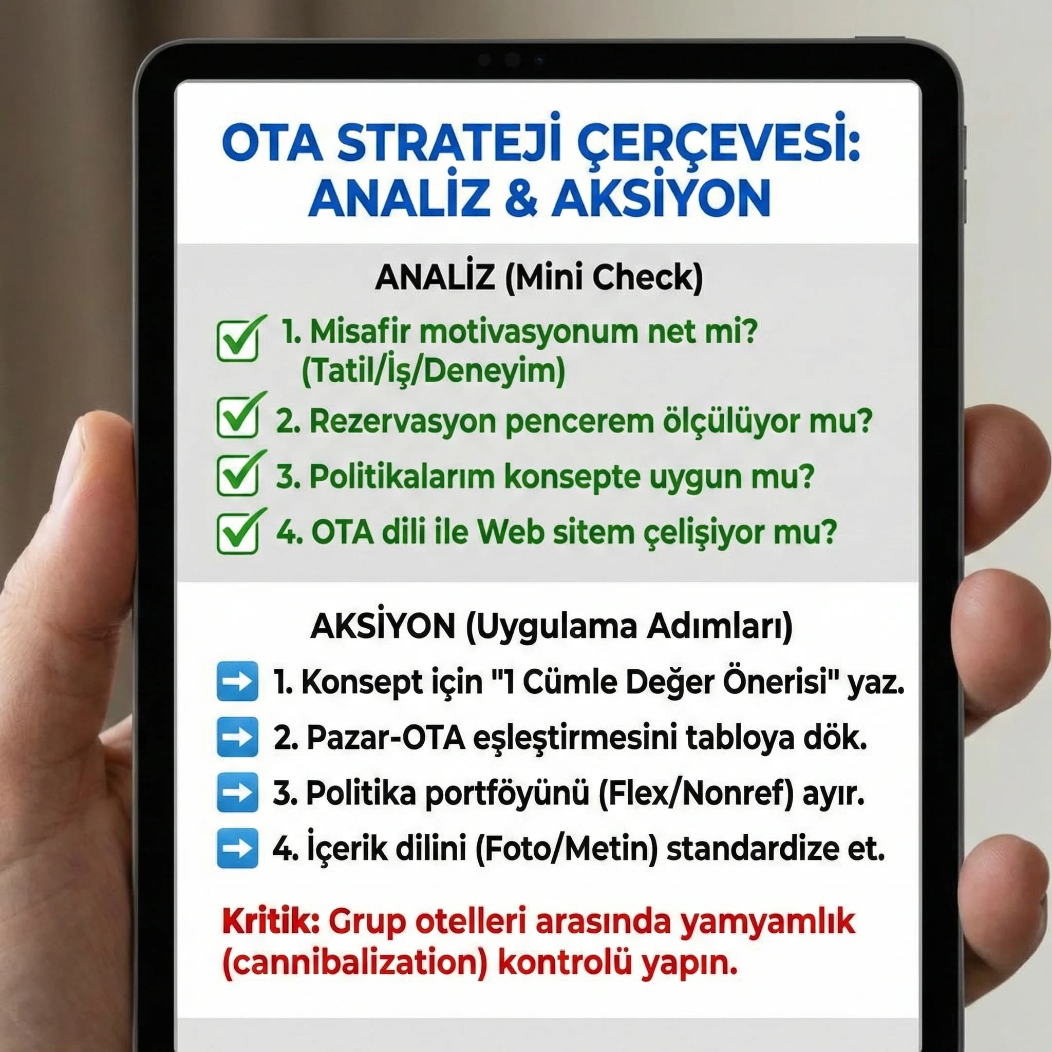 Konsept bazlı OTA checklist, amaç: uygulama adımları, otel yönetim bağlamı