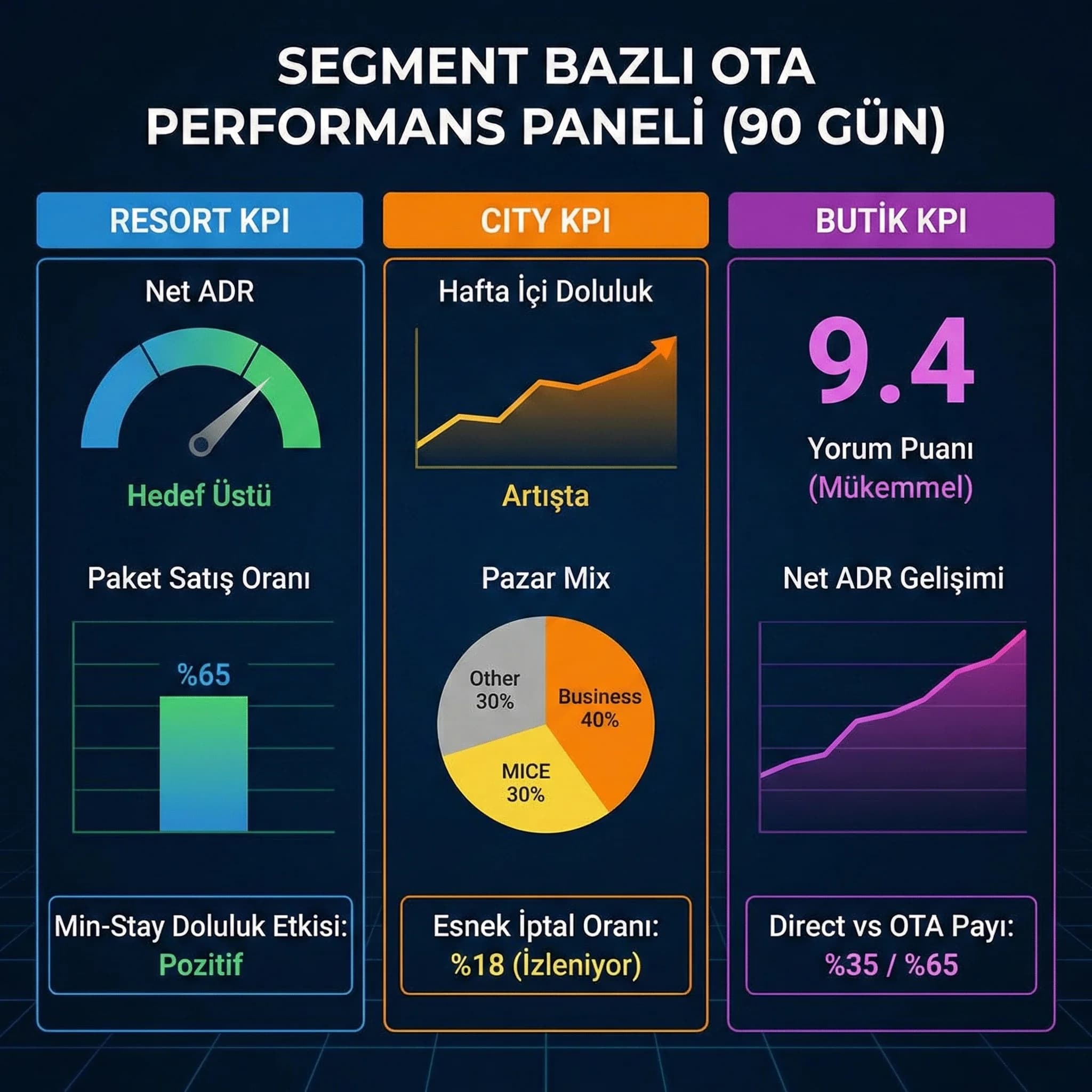 Segment KPI paneli, amaç: net ADR/iptal/mix, otel revenue bağlamı