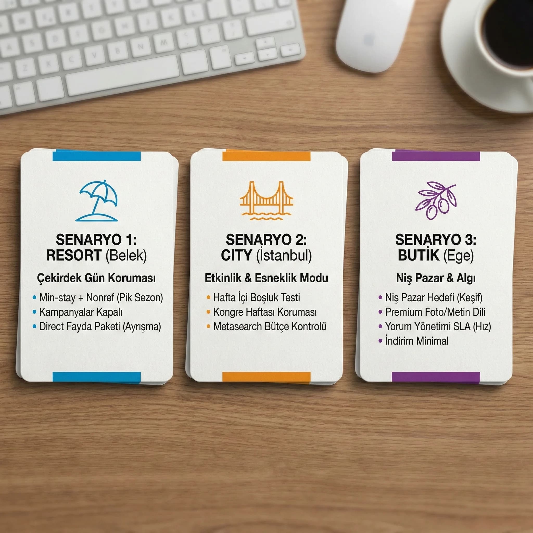 3 senaryo kartı, amaç: örnek planlar, otel revenue bağlamı