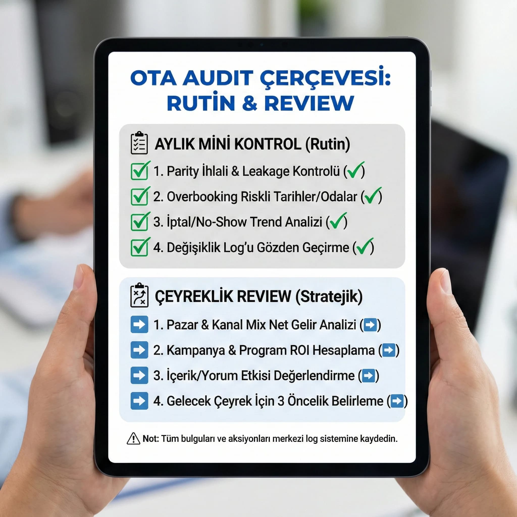 Audit checklist şeması, amaç: kopyala-uygula, otel operasyon bağlamı