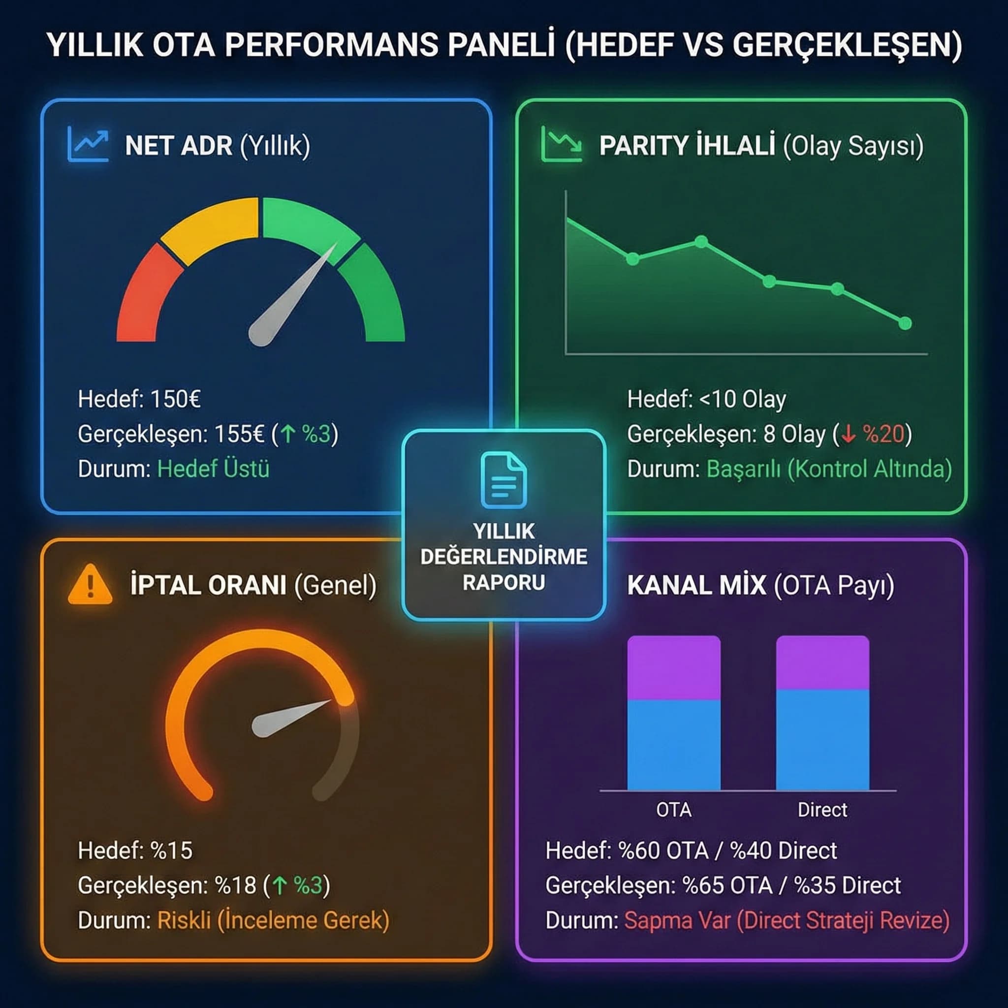Yıllık KPI paneli, amaç: hedef–gerçekleşen, otel revenue bağlamı